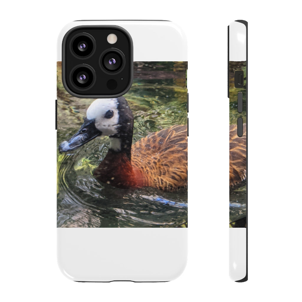 Duck Tough Cases featuring a dual-layer design with vibrant photographic prints, showcasing impact-resistant polycarbonate and TPU liner.