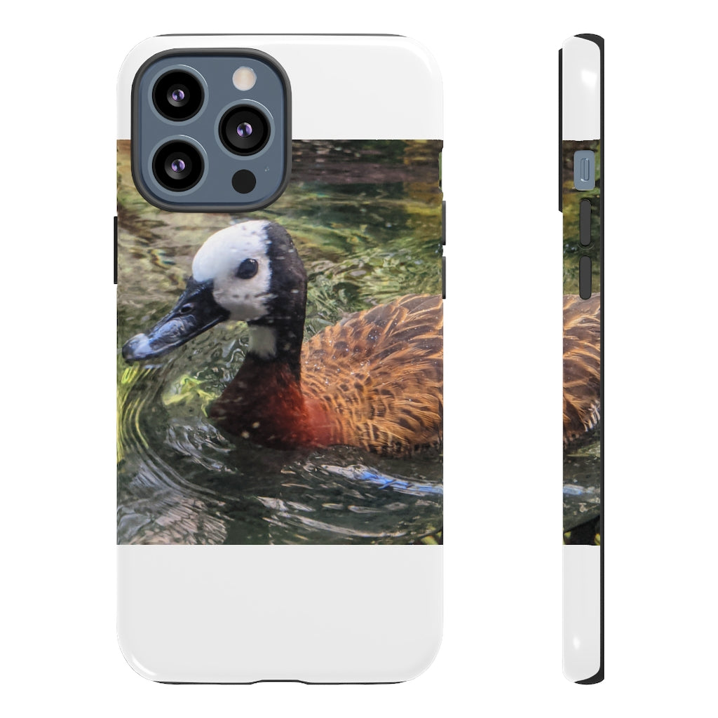 Duck Tough Cases featuring a dual-layer design with vibrant photographic prints, showcasing impact-resistant polycarbonate and TPU liner.