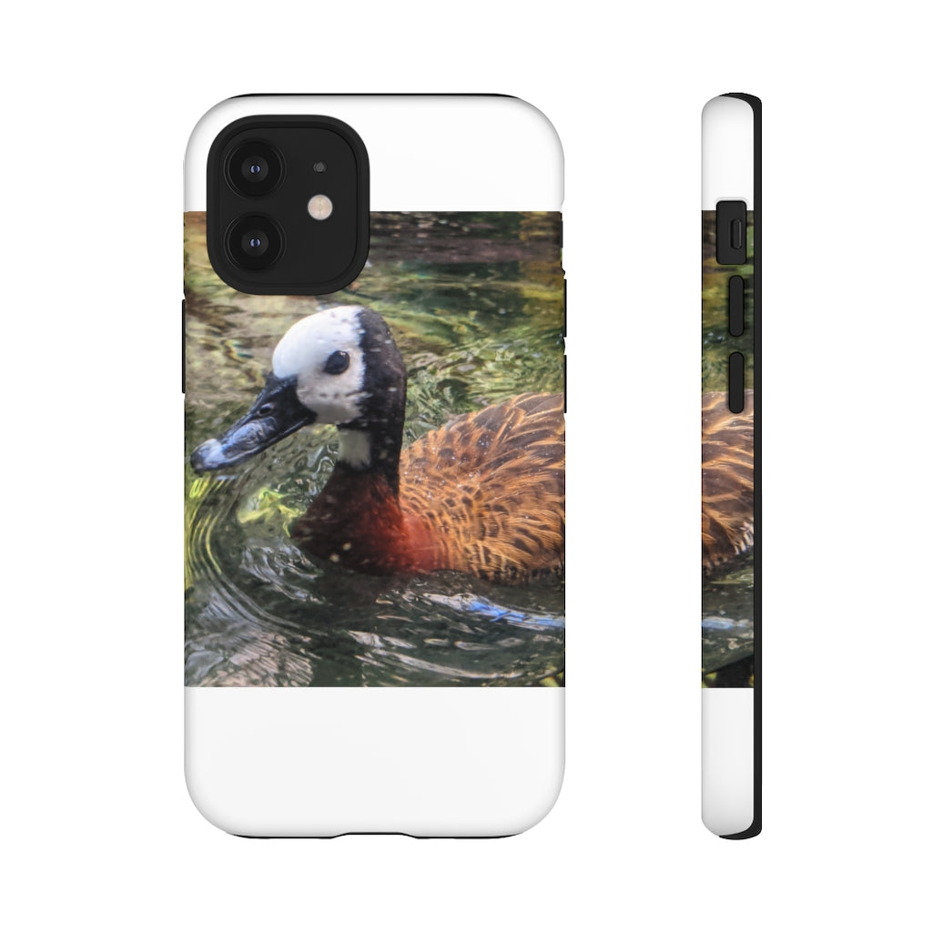 Duck Tough Cases featuring a dual-layer design with vibrant photographic prints, showcasing impact-resistant polycarbonate and TPU liner.