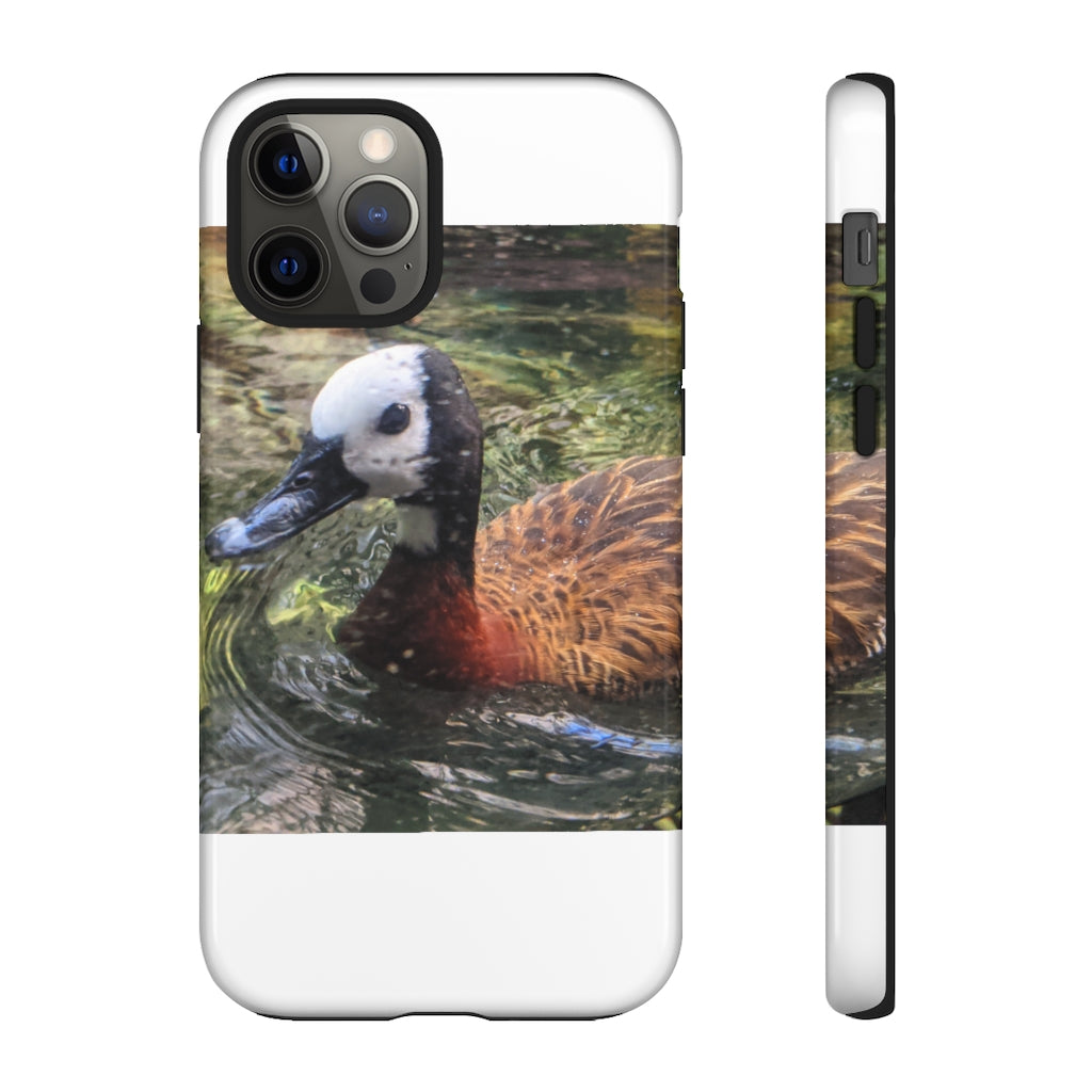 Duck Tough Cases featuring a dual-layer design with vibrant photographic prints, showcasing impact-resistant polycarbonate and TPU liner.