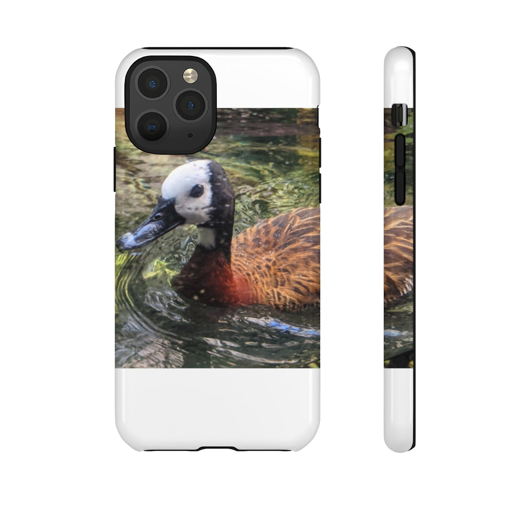 Duck Tough Cases featuring a dual-layer design with vibrant photographic prints, showcasing impact-resistant polycarbonate and TPU liner.