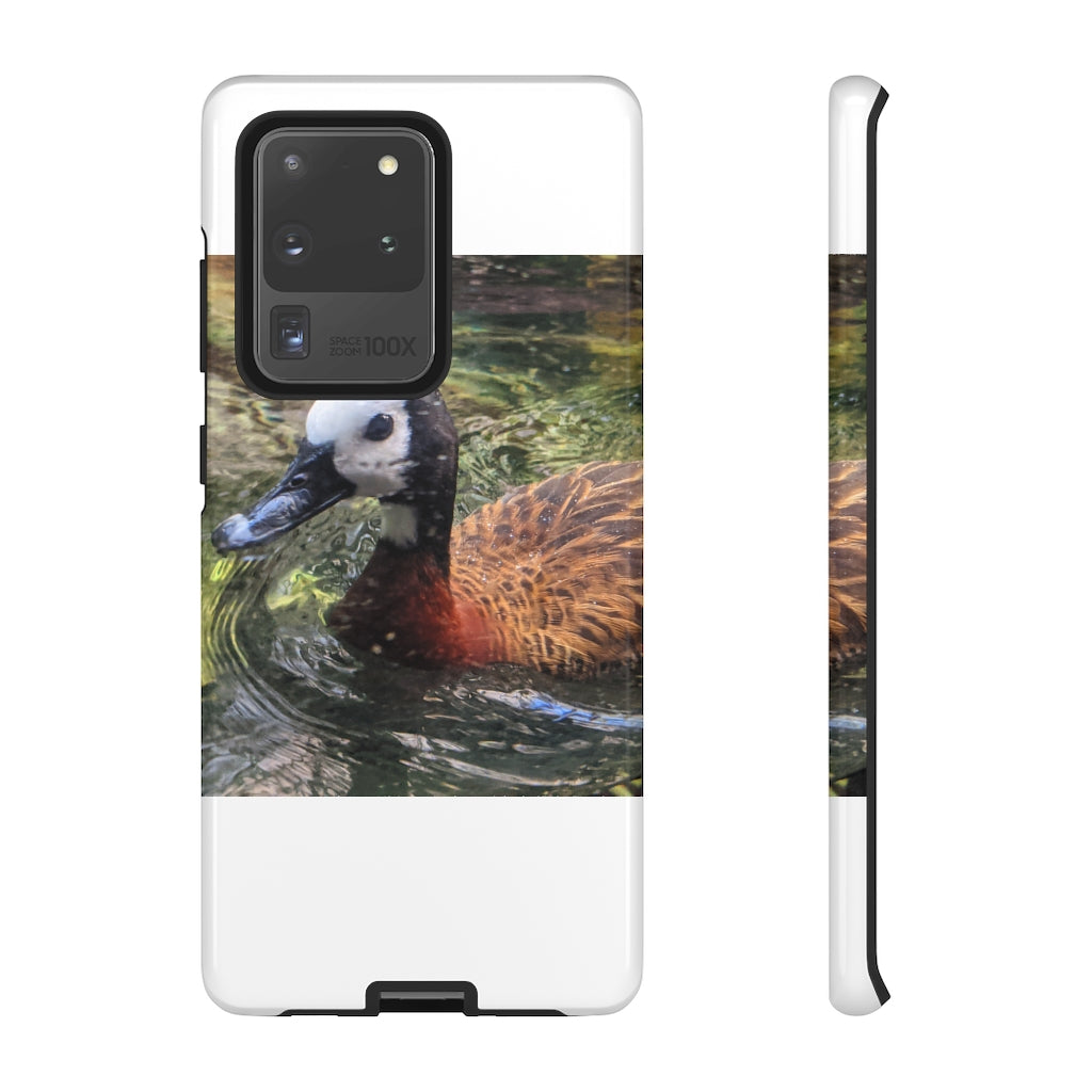 Duck Tough Cases featuring a dual-layer design with vibrant photographic prints, showcasing impact-resistant polycarbonate and TPU liner.