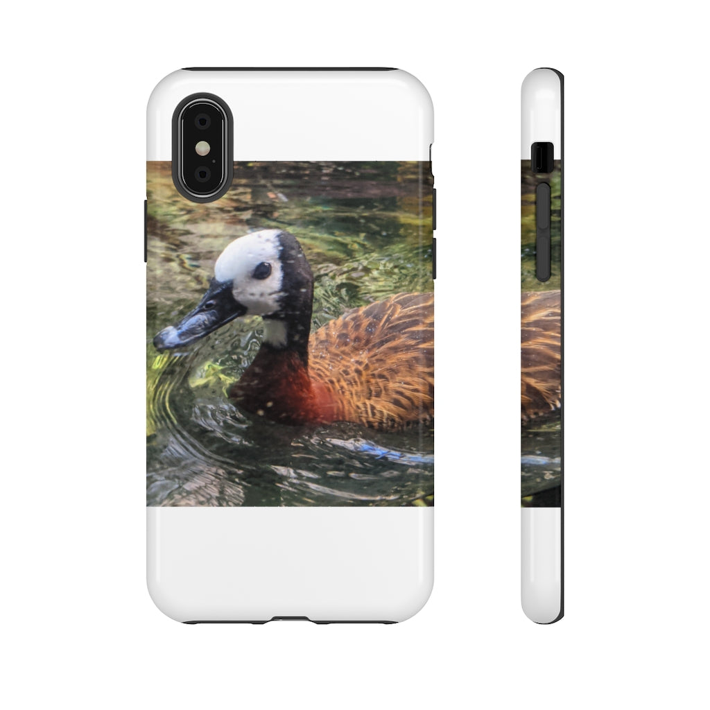 Duck Tough Cases featuring a dual-layer design with vibrant photographic prints, showcasing impact-resistant polycarbonate and TPU liner.