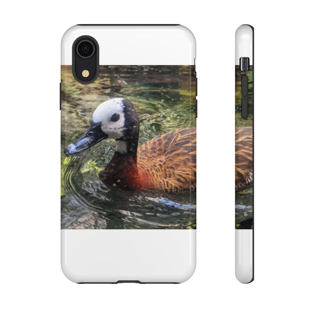 Duck Tough Cases featuring a dual-layer design with vibrant photographic prints, showcasing impact-resistant polycarbonate and TPU liner.