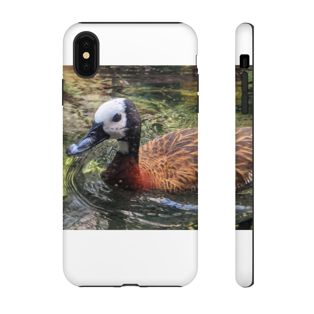 Duck Tough Cases featuring a dual-layer design with vibrant photographic prints, showcasing impact-resistant polycarbonate and TPU liner.