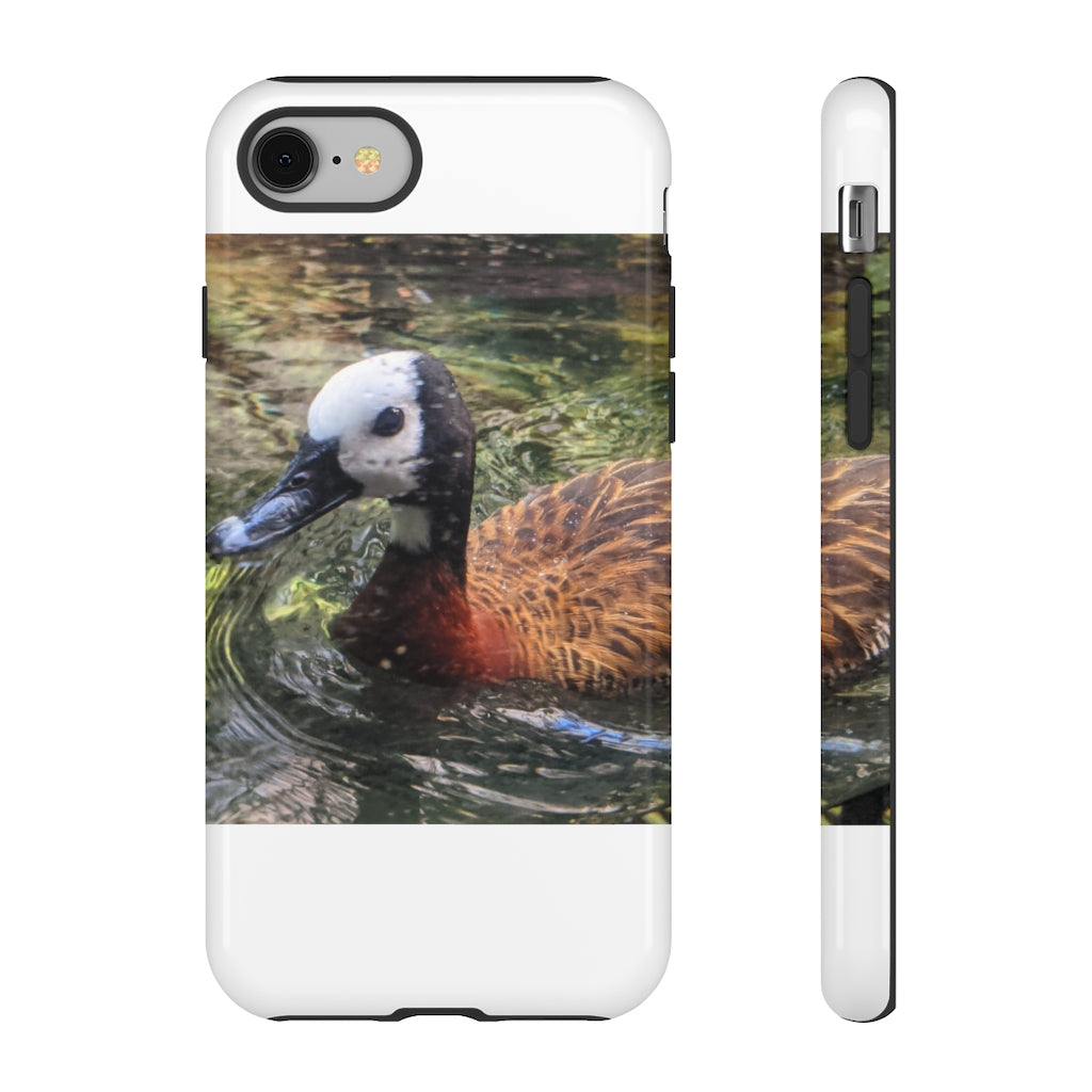 Duck Tough Cases featuring a dual-layer design with vibrant photographic prints, showcasing impact-resistant polycarbonate and TPU liner.