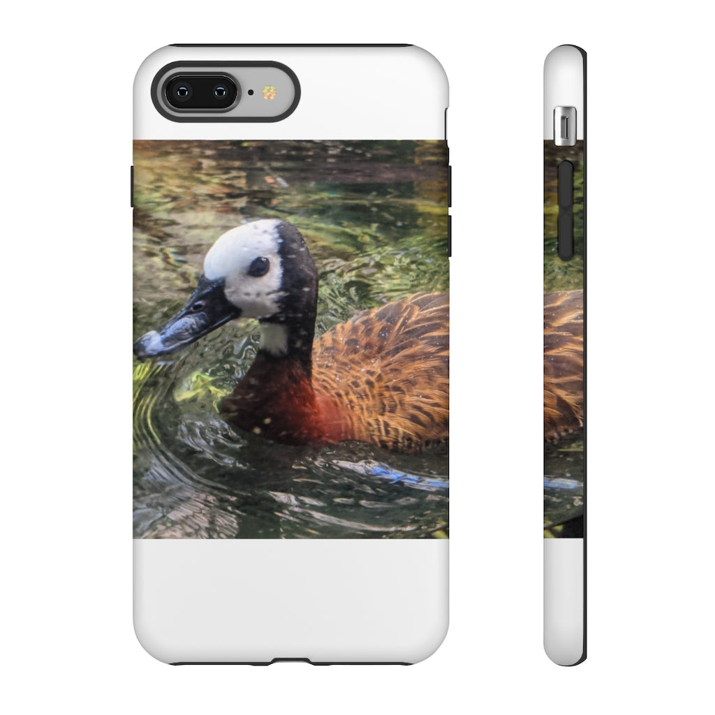 Duck Tough Cases featuring a dual-layer design with vibrant photographic prints, showcasing impact-resistant polycarbonate and TPU liner.