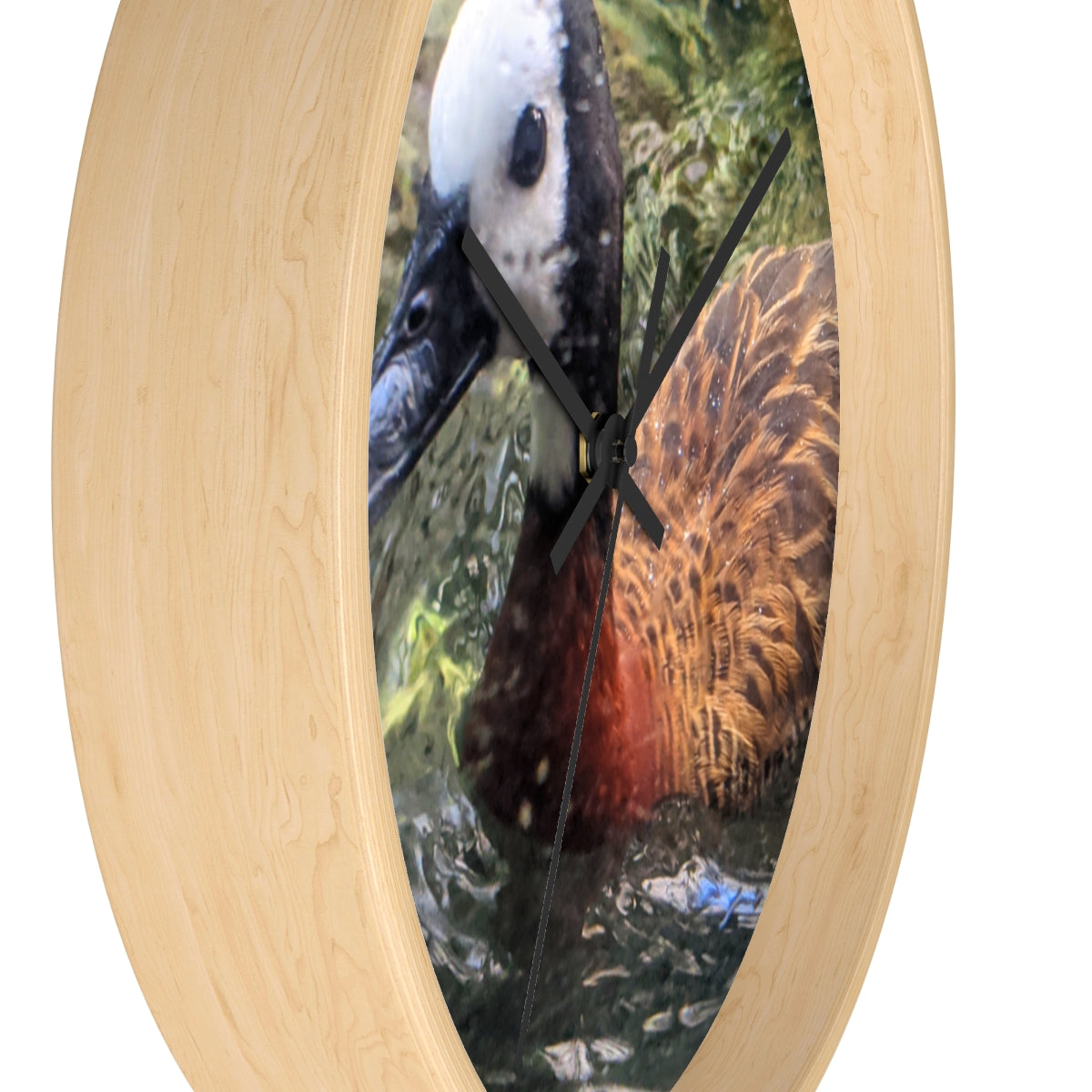 A charming Duck Wall Clock featuring a wooden frame and a plexiglass face, perfect for indoor decor.