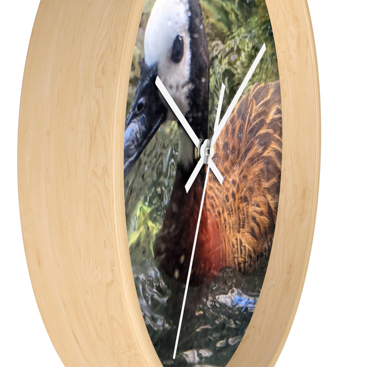 A charming Duck Wall Clock featuring a wooden frame and a plexiglass face, perfect for indoor decor.