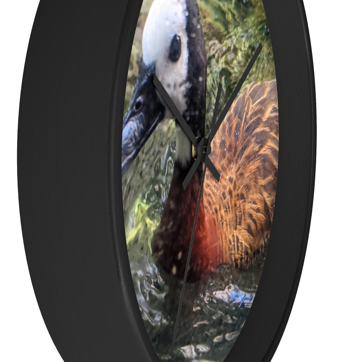 A charming Duck Wall Clock featuring a wooden frame and a plexiglass face, perfect for indoor decor.