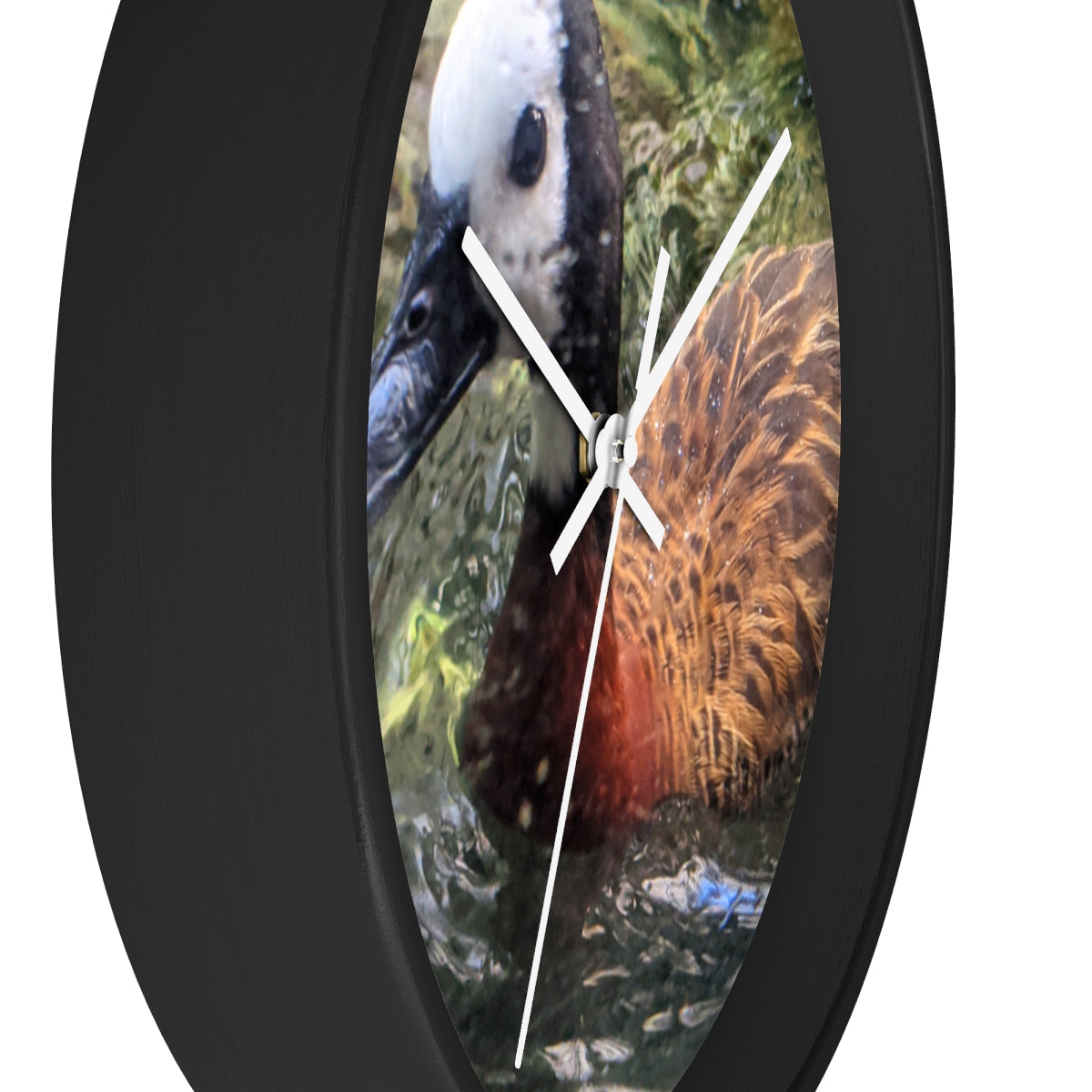 A charming Duck Wall Clock featuring a wooden frame and a plexiglass face, perfect for indoor decor.