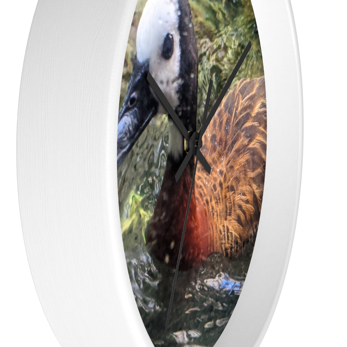 A charming Duck Wall Clock featuring a wooden frame and a plexiglass face, perfect for indoor decor.