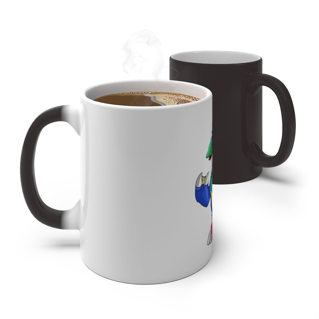 Duldi Color Changing Mug showcasing vibrant colors when filled with hot beverage, featuring a rounded design and C-handle.