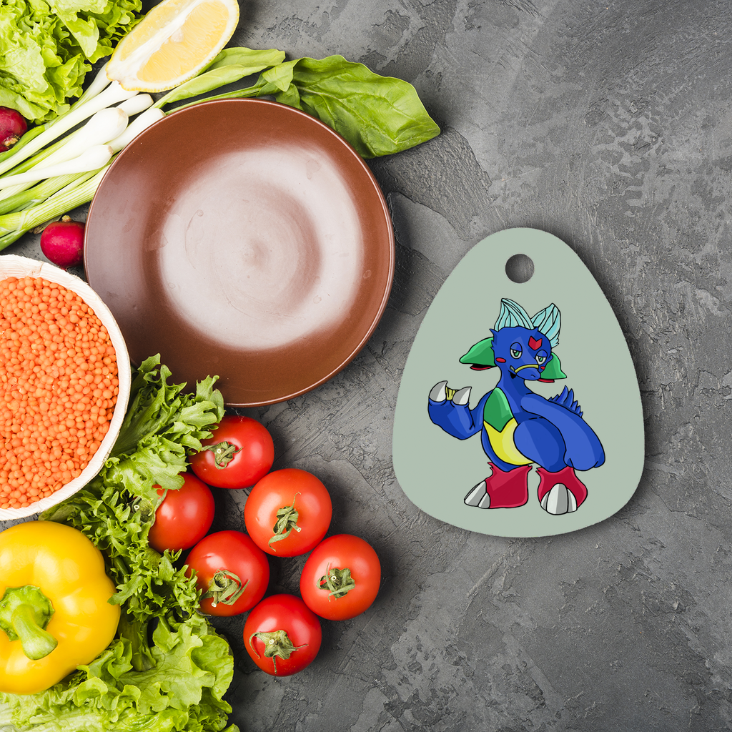 Duldi Sublimation Glass Cutting Board in water droplet shape, showcasing customizable design and toughened glass material.