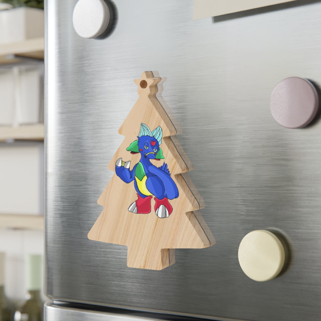 Duldi Wooden Christmas Ornaments in various whimsical shapes with red ribbons, showcasing rustic wooden design and magnetic backs.