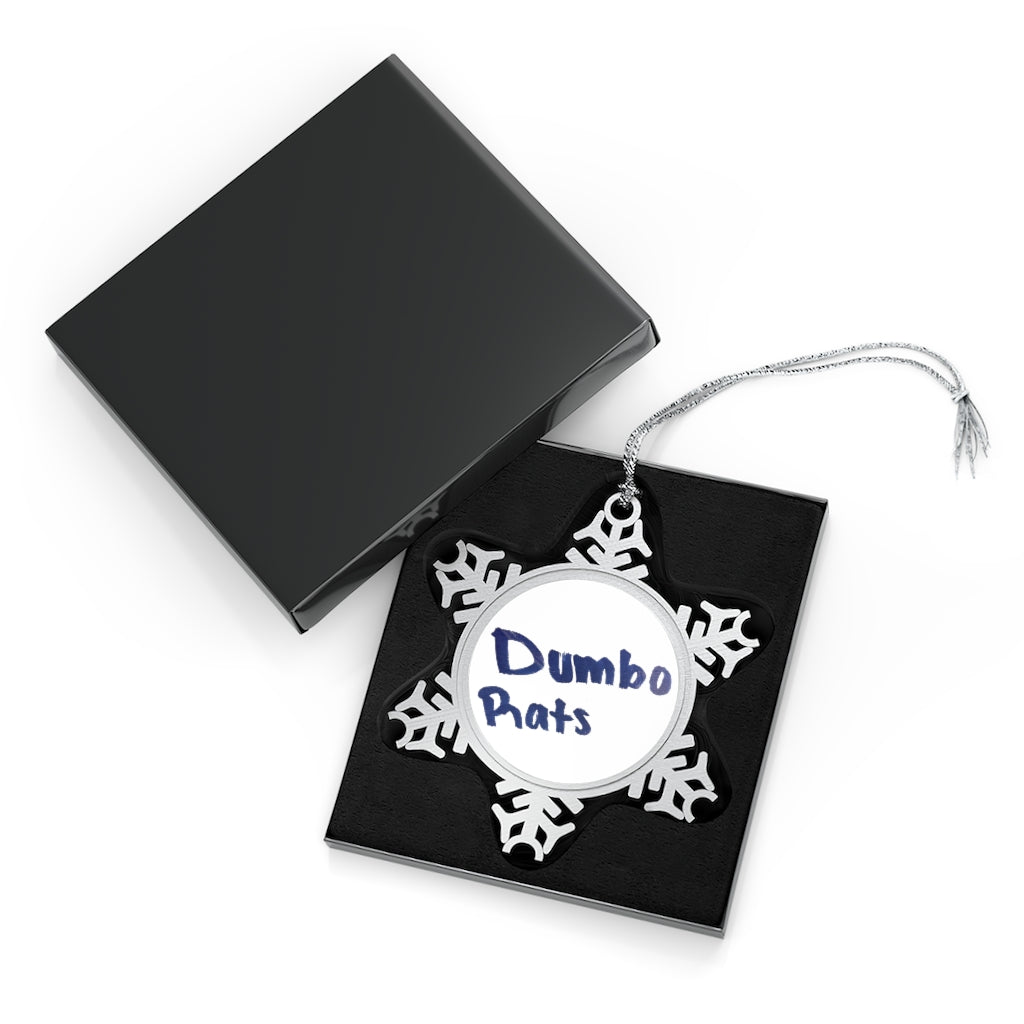 Dumbo Rats Pewter Snowflake Ornament with intricate snowflake design and silver-toned hanging string, perfect for holiday decor.