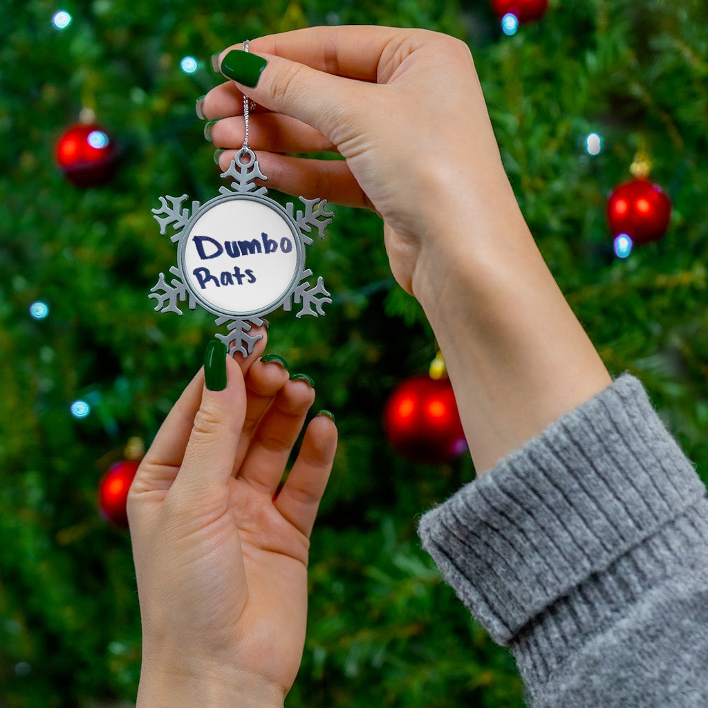 Dumbo Rats Pewter Snowflake Ornament with intricate snowflake design and silver-toned hanging string, perfect for holiday decor.