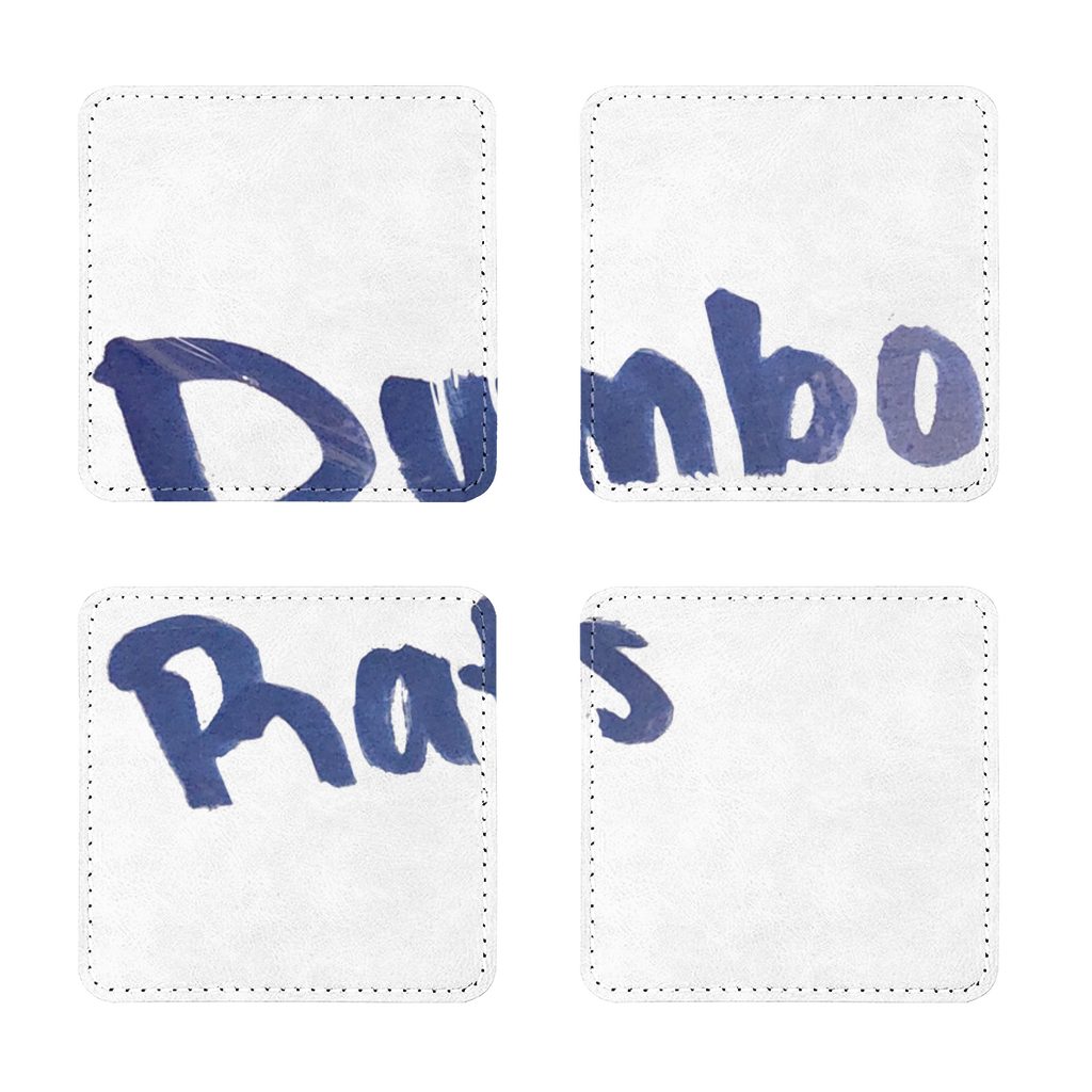 Pack of four Dumbo Rats sublimation coasters made of PU leather, featuring a white printable face and elegant white stitching.