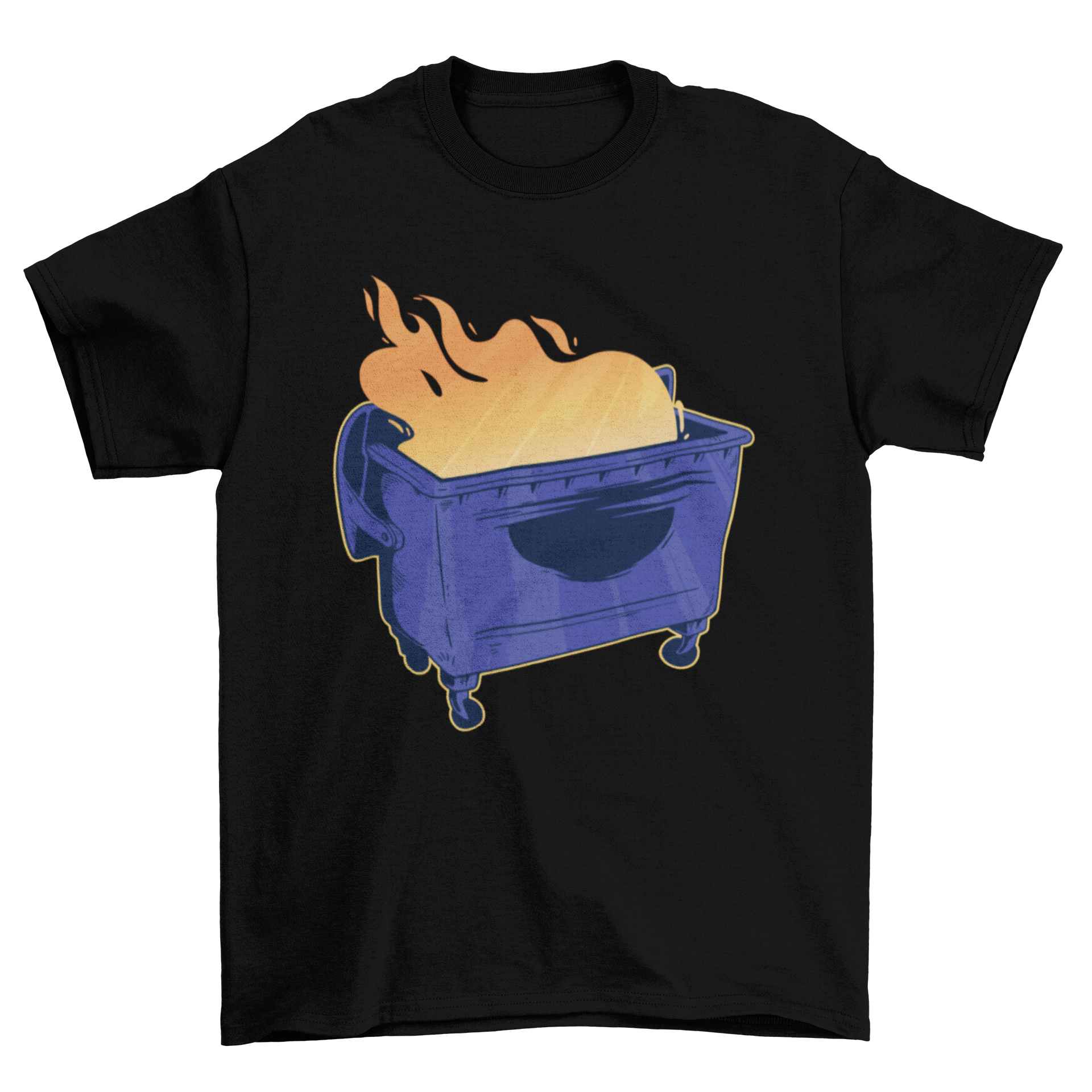 A vibrant blue dumpster with flames burning inside, featured on a stylish t-shirt design.