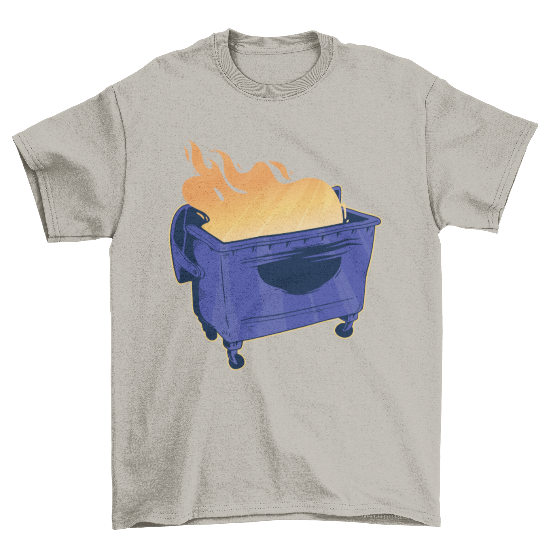 A vibrant blue dumpster with flames burning inside, featured on a stylish t-shirt design.