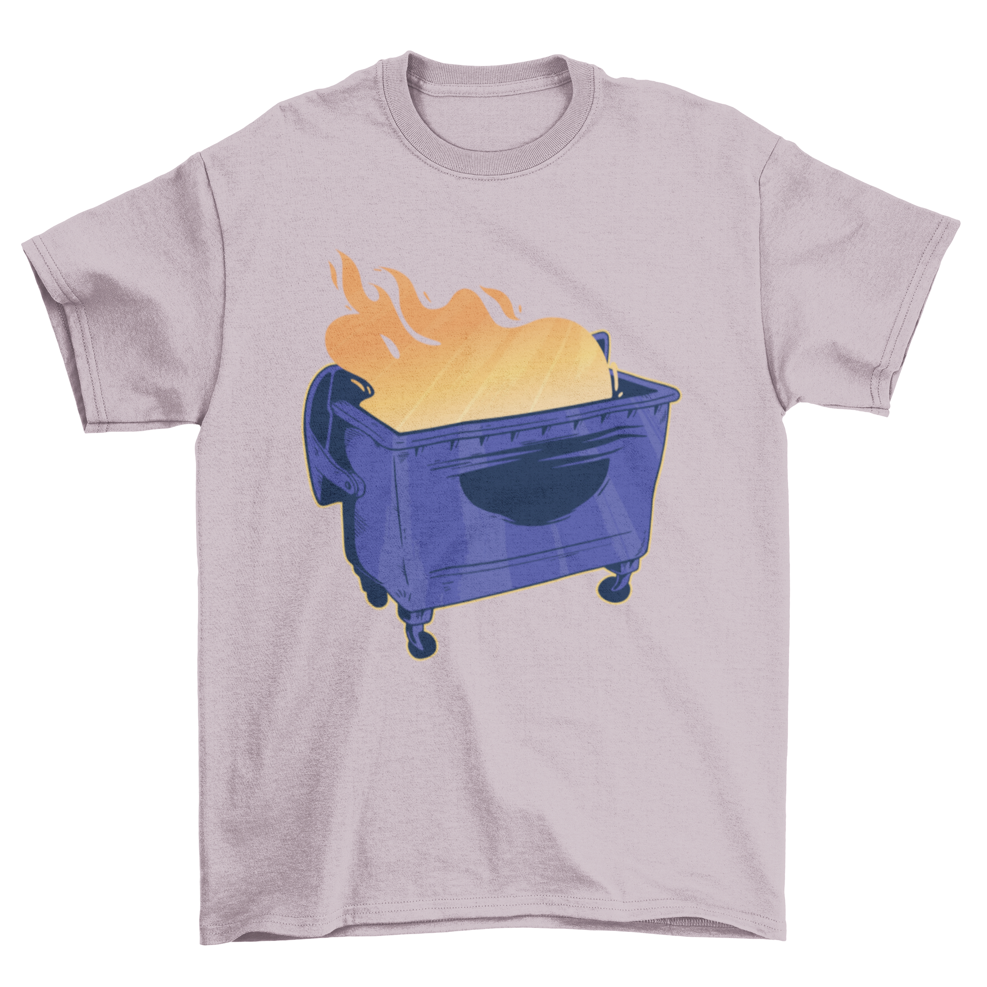 A vibrant blue dumpster with flames burning inside, featured on a stylish t-shirt design.