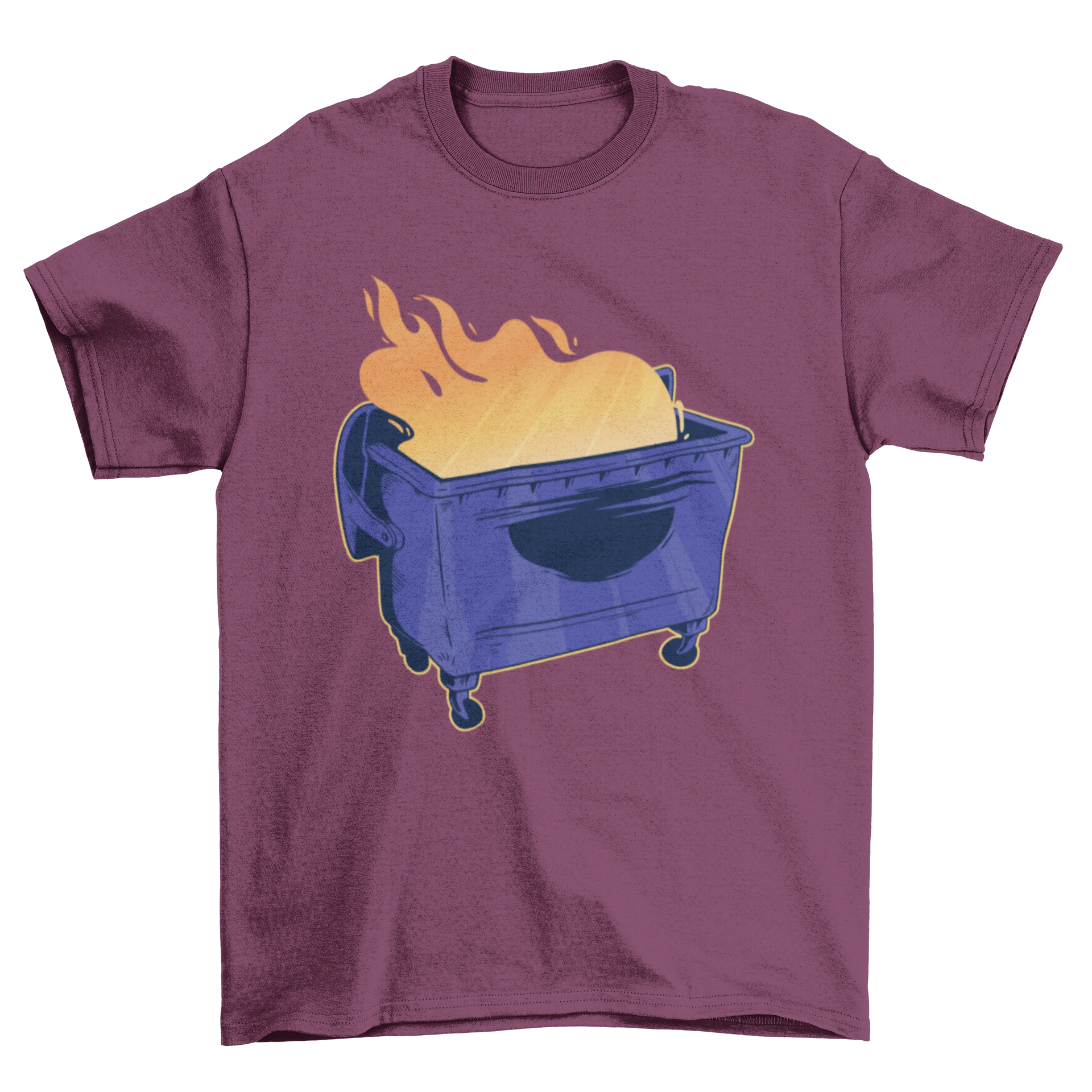 A vibrant blue dumpster with flames burning inside, featured on a stylish t-shirt design.