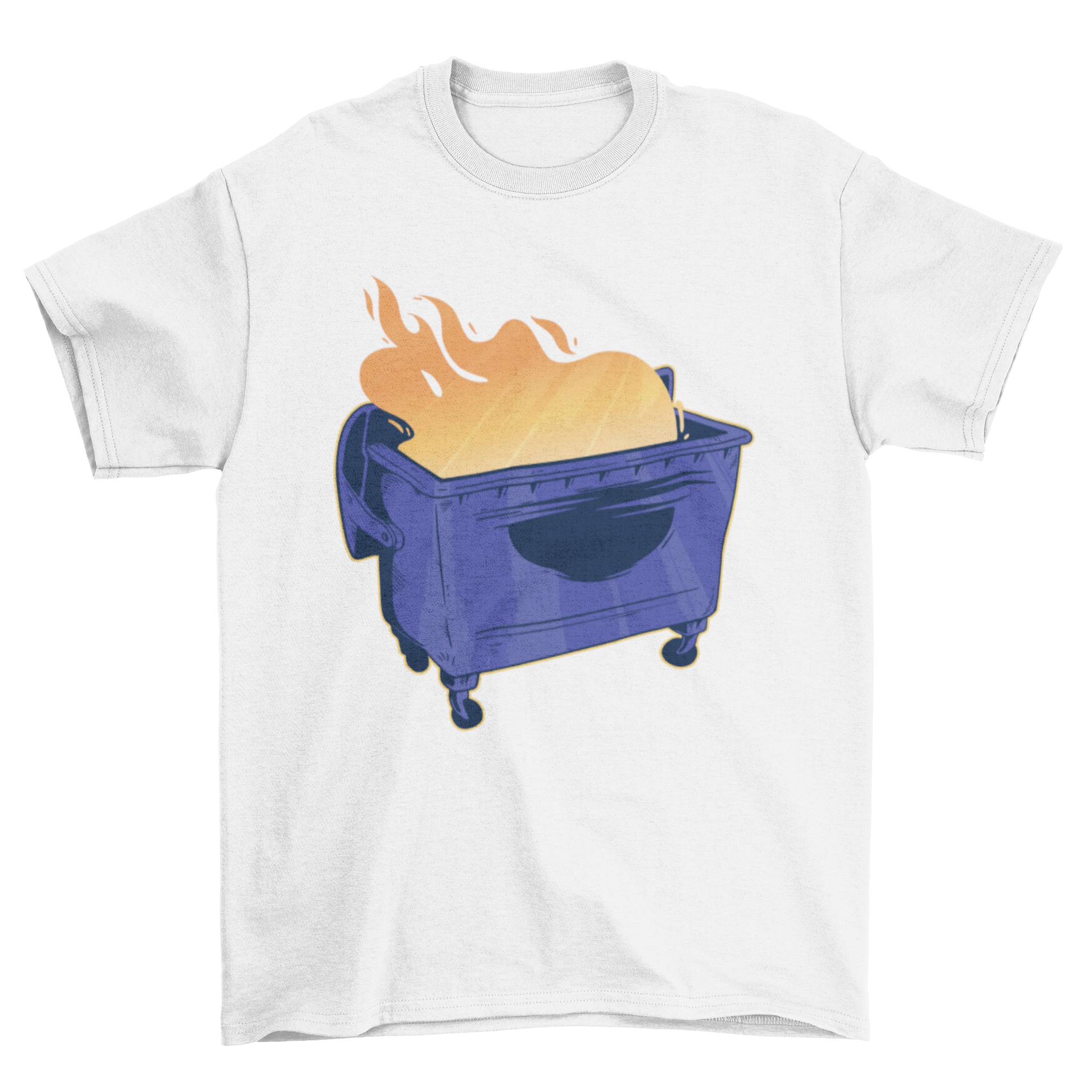 A vibrant blue dumpster with flames burning inside, featured on a stylish t-shirt design.