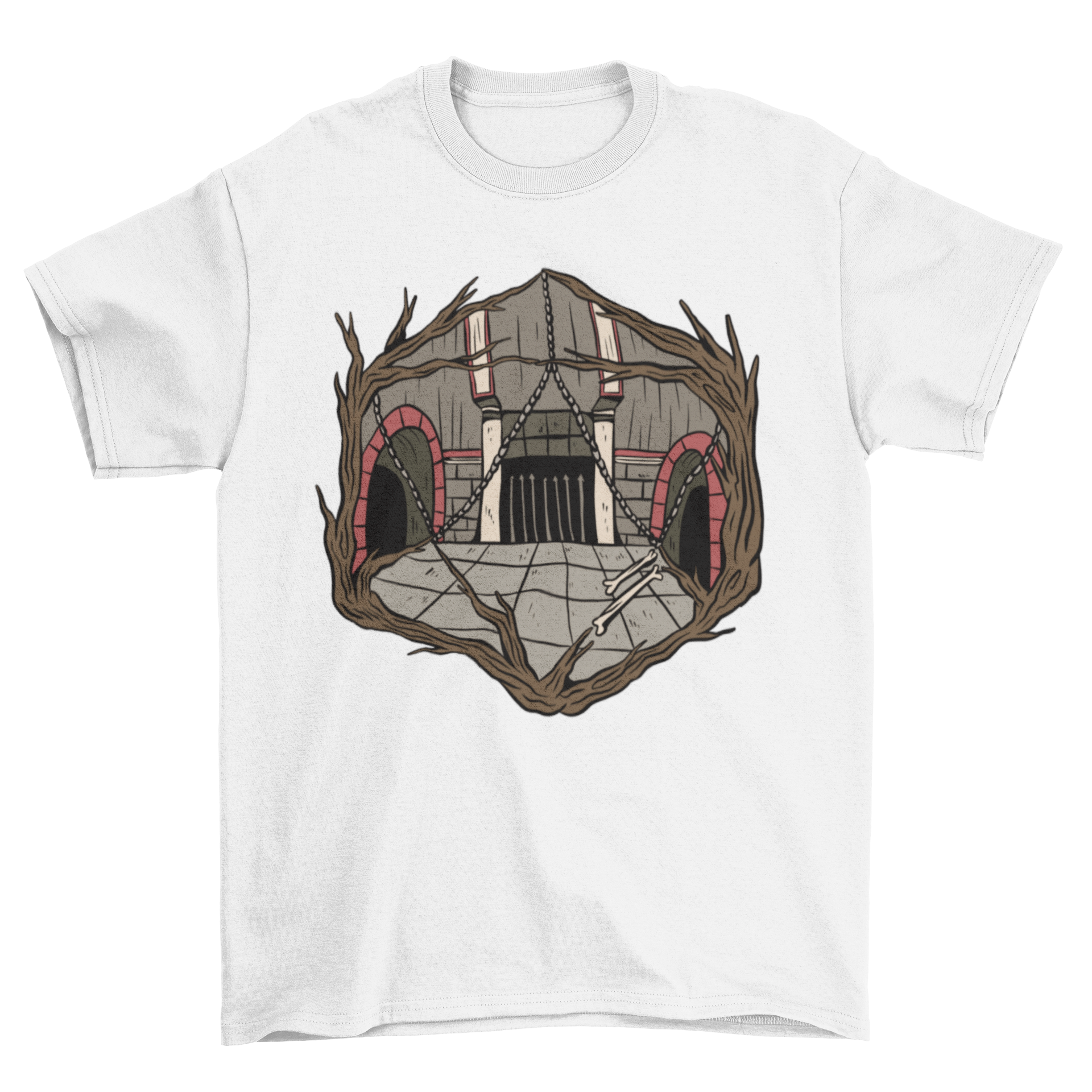 Dungeon Dice T-Shirt featuring a unique design of a dungeon shaped like a polyhedral dice, perfect for gamers.