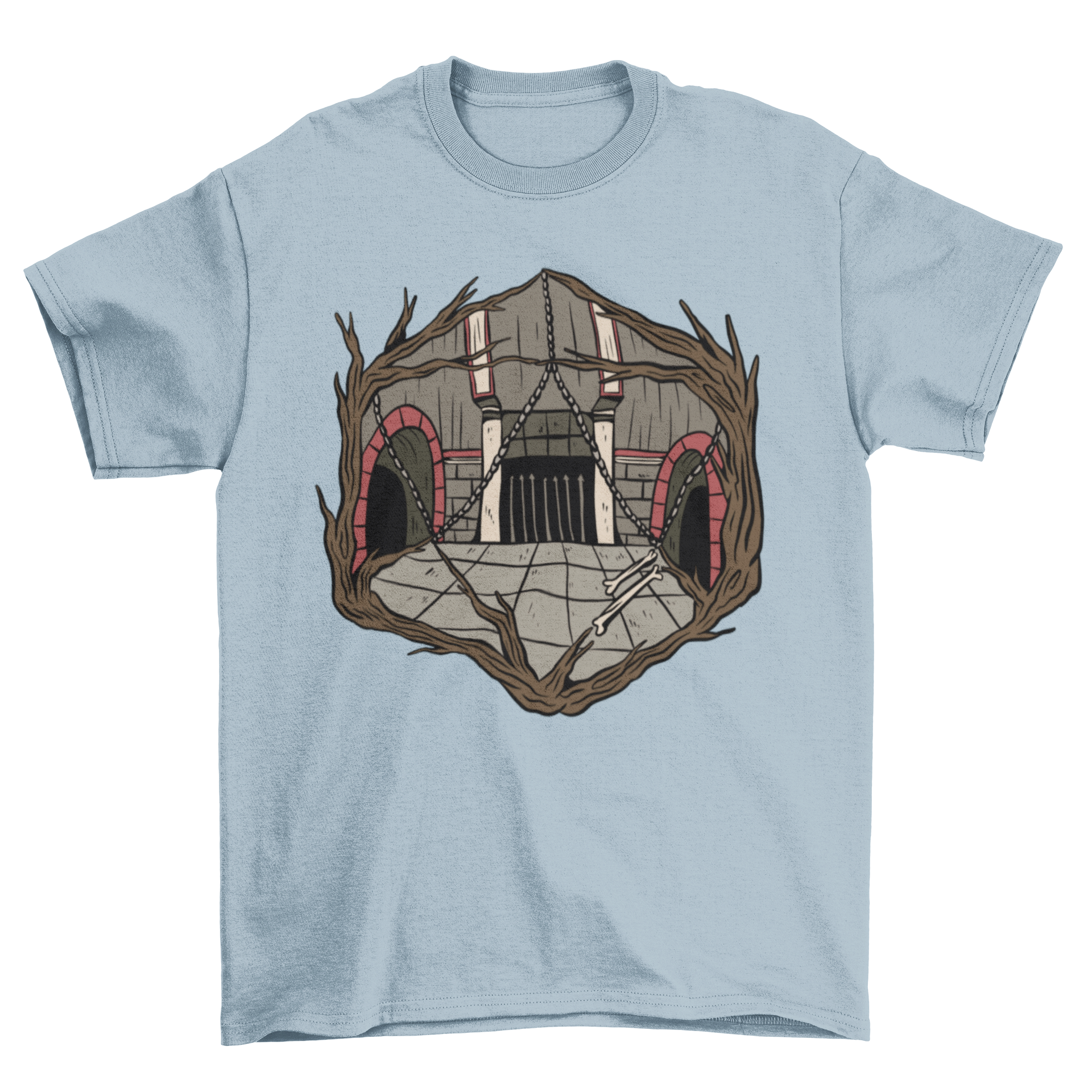 Dungeon Dice T-Shirt featuring a unique design of a dungeon shaped like a polyhedral dice, perfect for gamers.