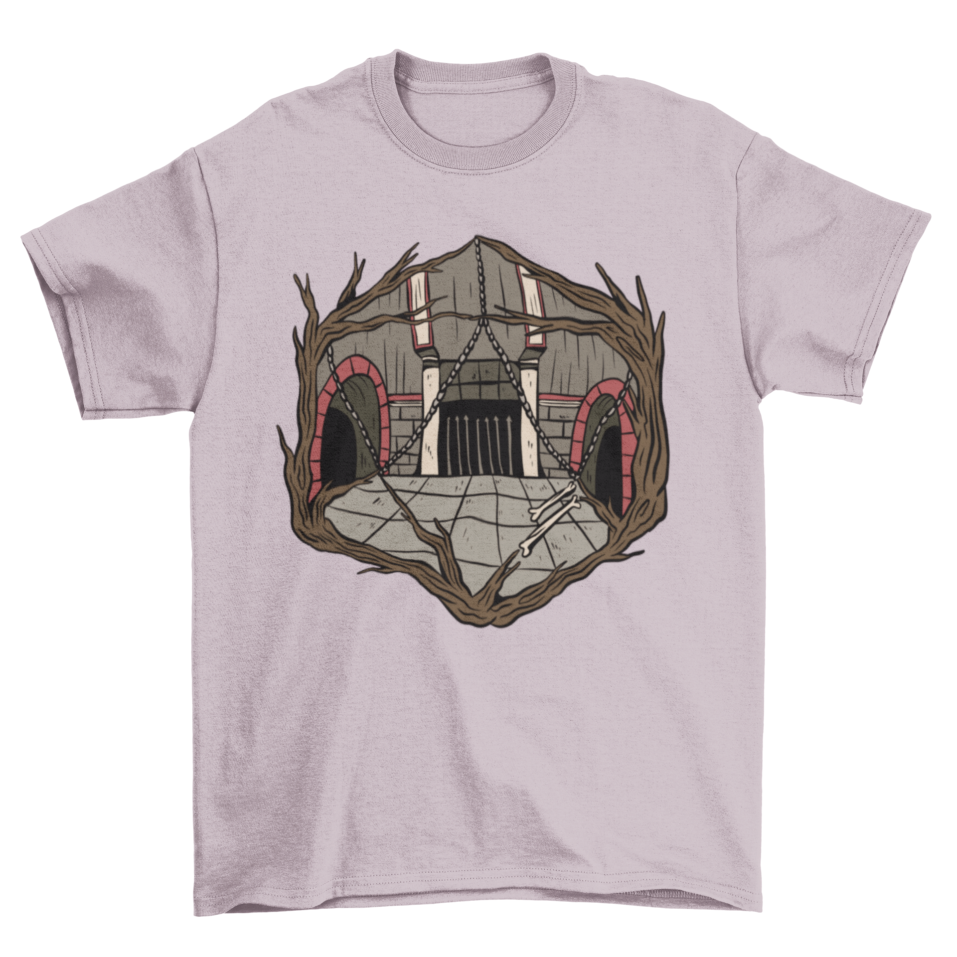 Dungeon Dice T-Shirt featuring a unique design of a dungeon shaped like a polyhedral dice, perfect for gamers.