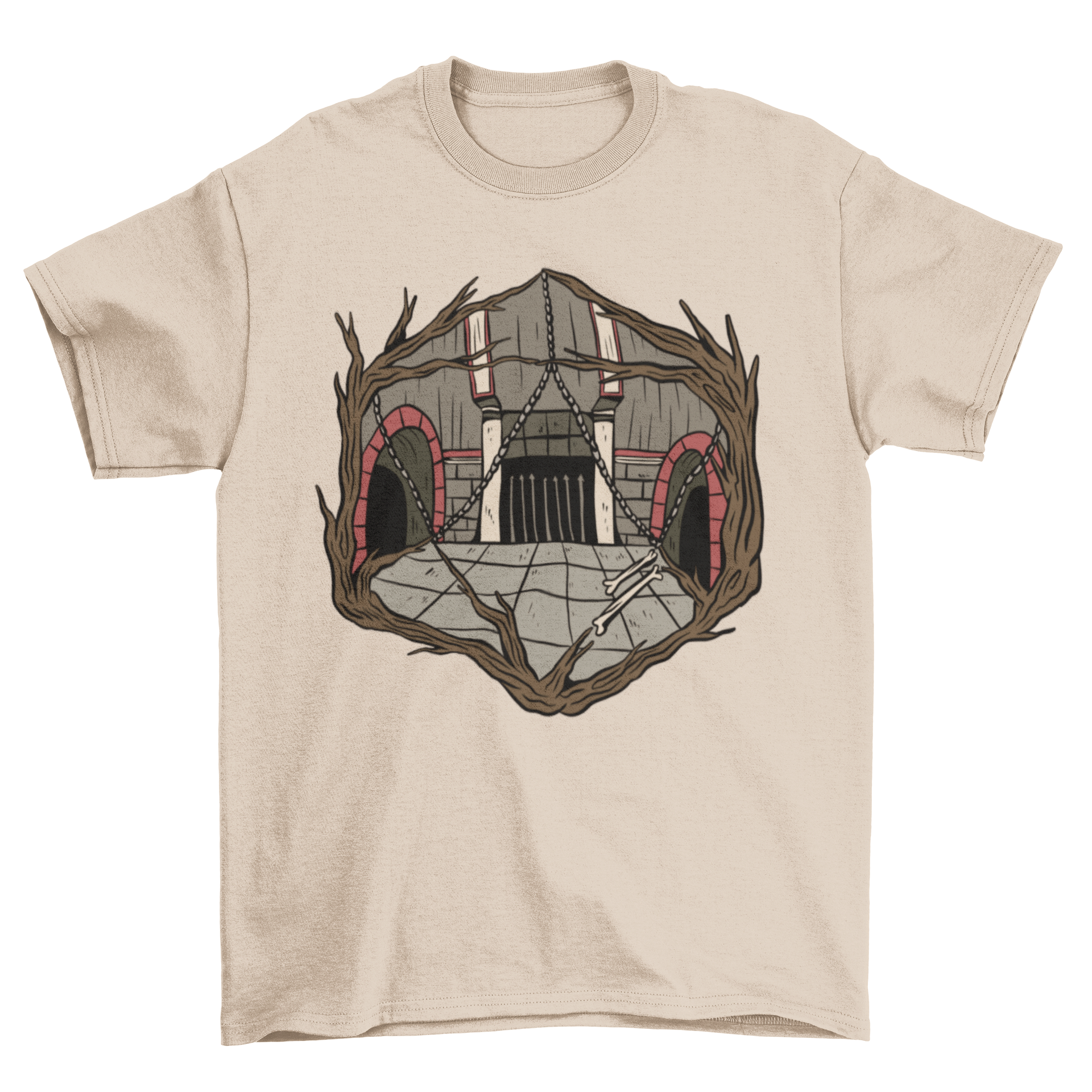 Dungeon Dice T-Shirt featuring a unique design of a dungeon shaped like a polyhedral dice, perfect for gamers.