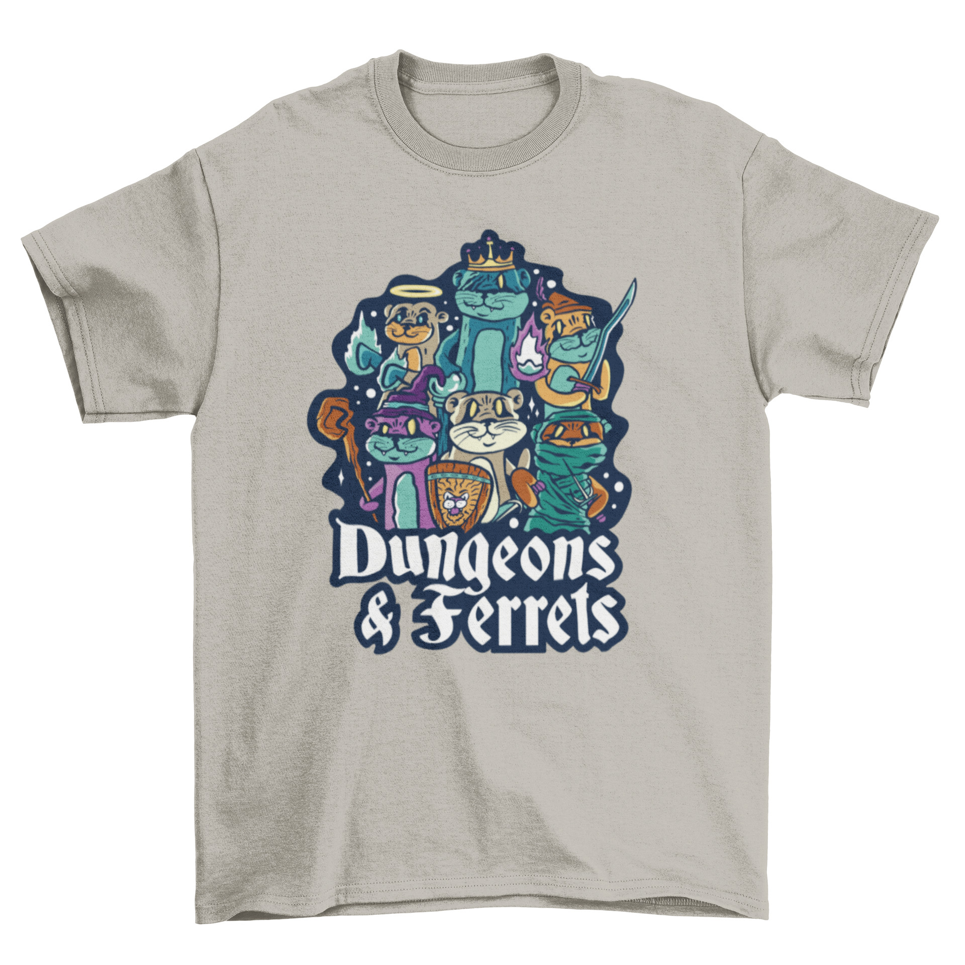 Dungeon Ferrets T-shirt featuring ferrets in costumes with a humorous quote.