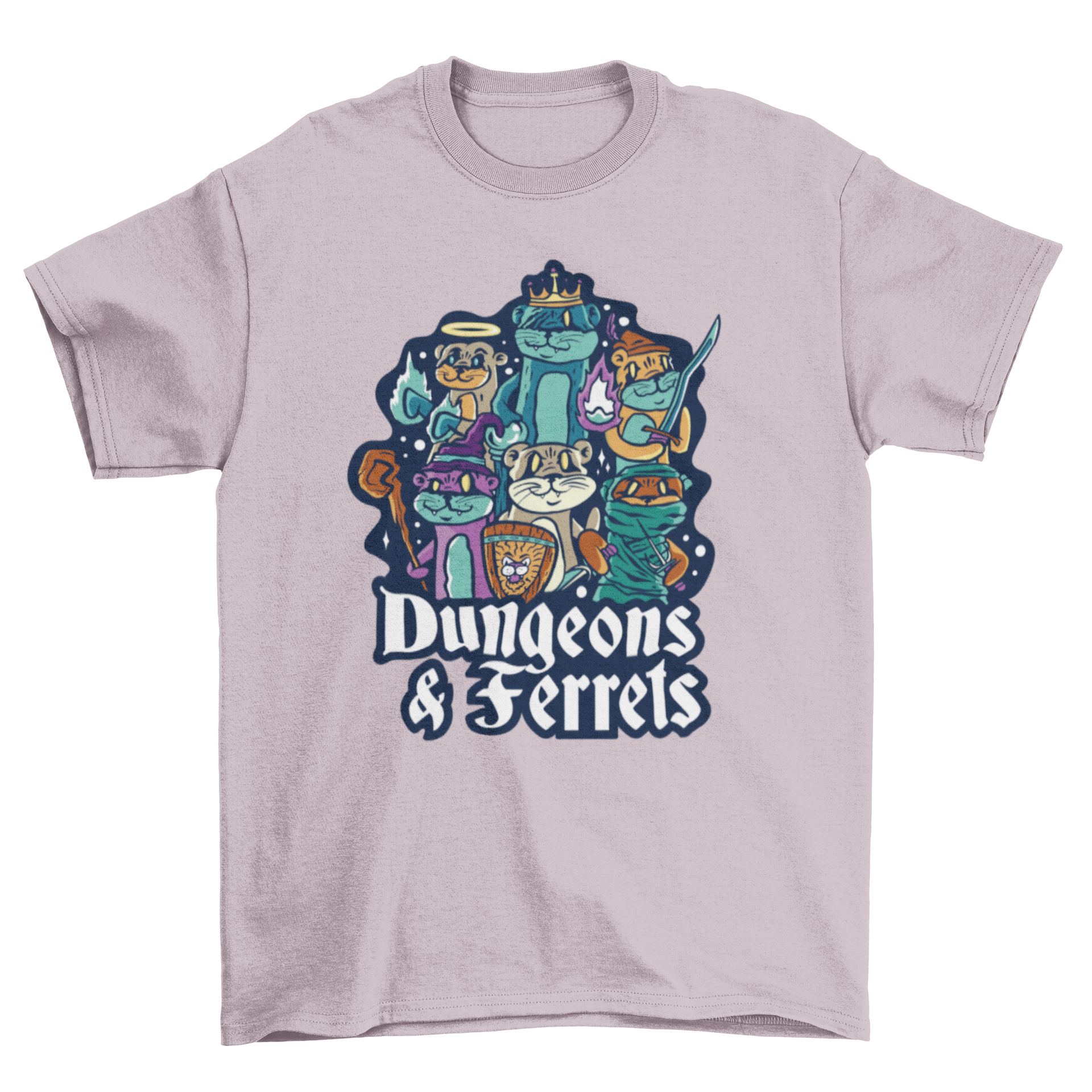 Dungeon Ferrets T-shirt featuring ferrets in costumes with a humorous quote.