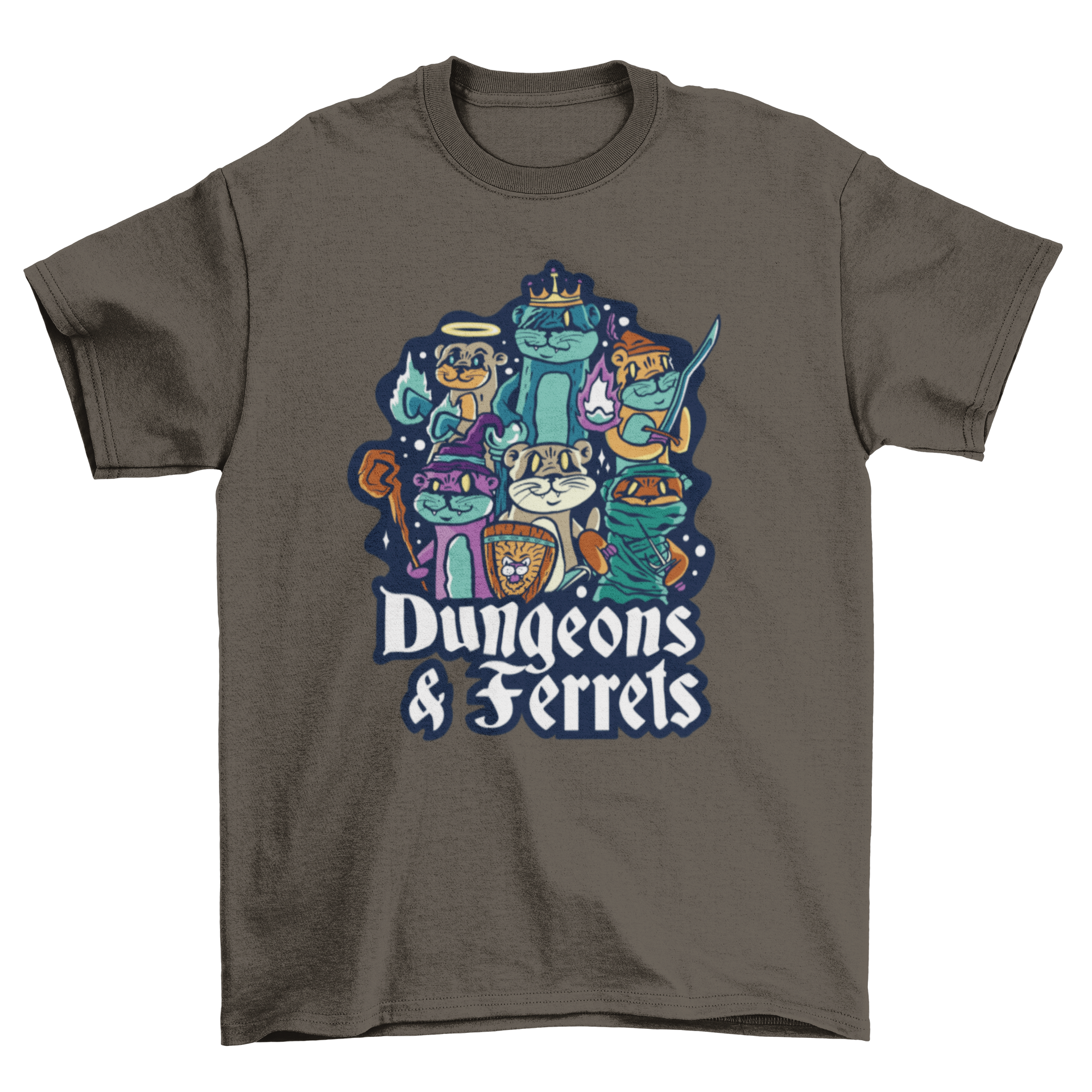 Dungeon Ferrets T-shirt featuring ferrets in costumes with a humorous quote.