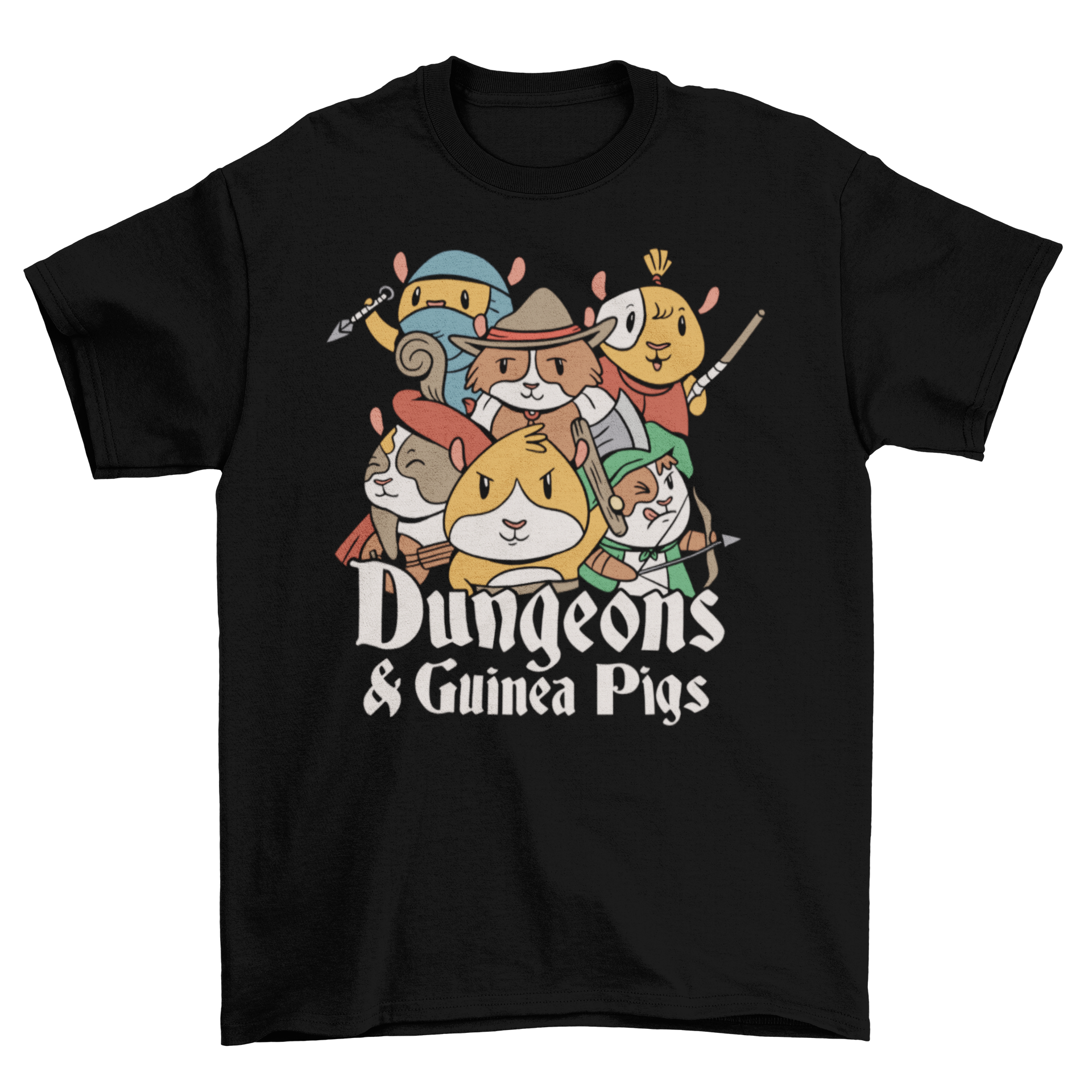 A humorous t-shirt featuring guinea pigs in various costumes with the text 'Dungeons and guinea pigs'.