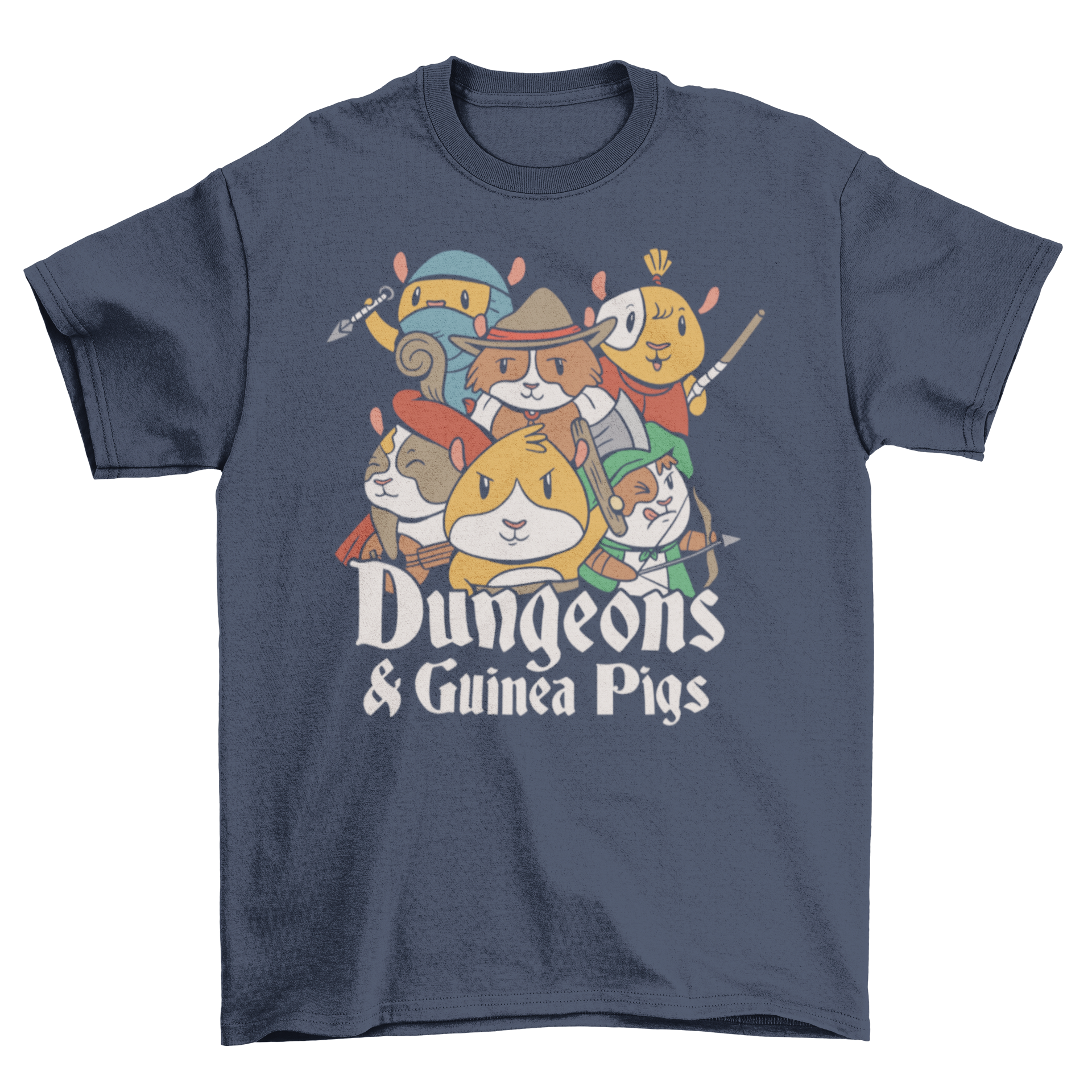 A humorous t-shirt featuring guinea pigs in various costumes with the text 'Dungeons and guinea pigs'.