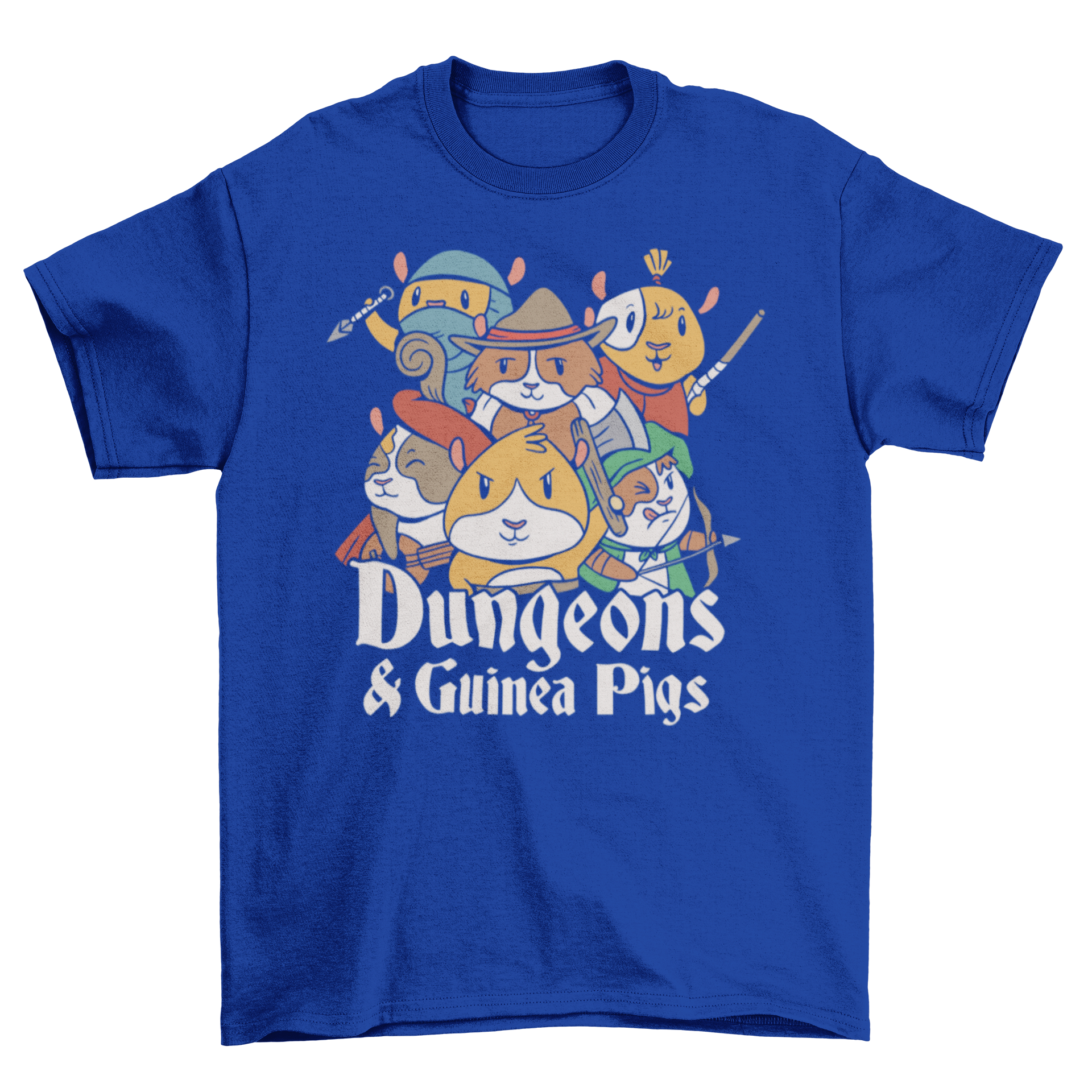 A humorous t-shirt featuring guinea pigs in various costumes with the text 'Dungeons and guinea pigs'.