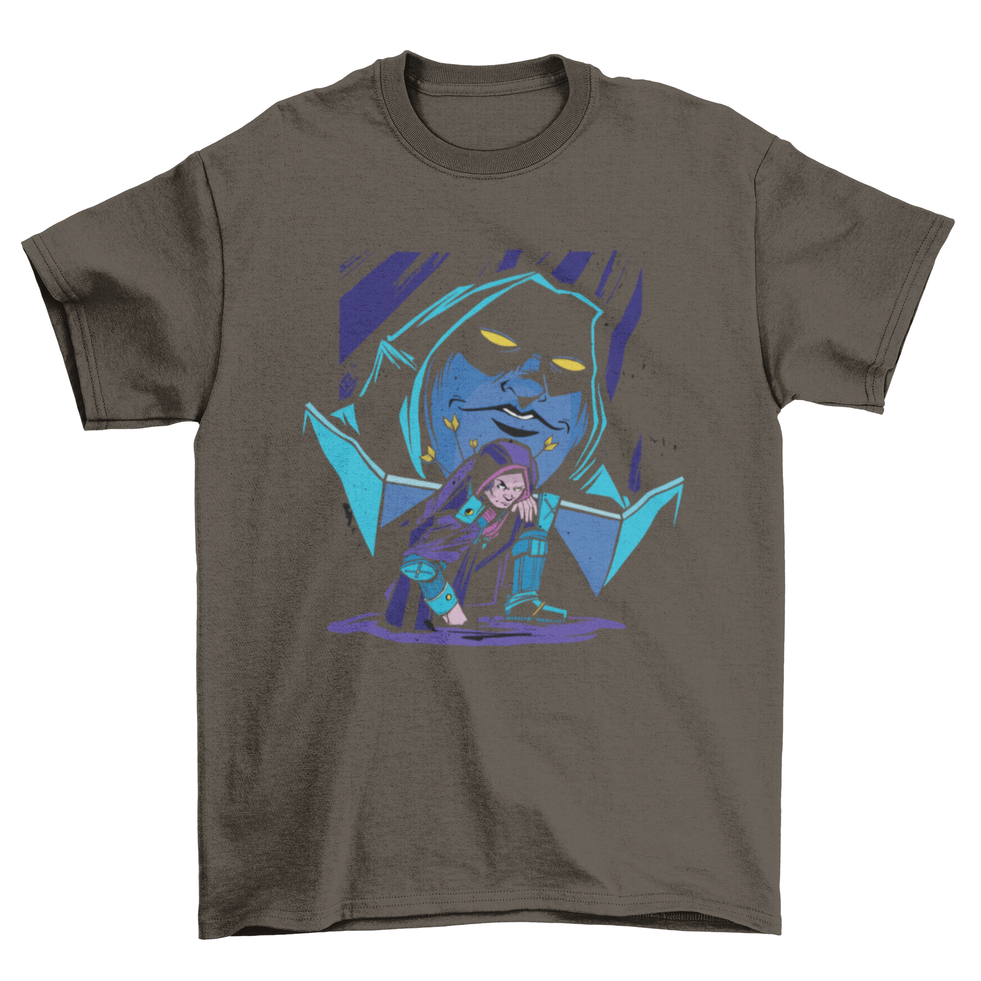 A stylish T-shirt featuring a traveler with arrows on his back, being observed by a shadow man, perfect for sci-fi adventure enthusiasts.