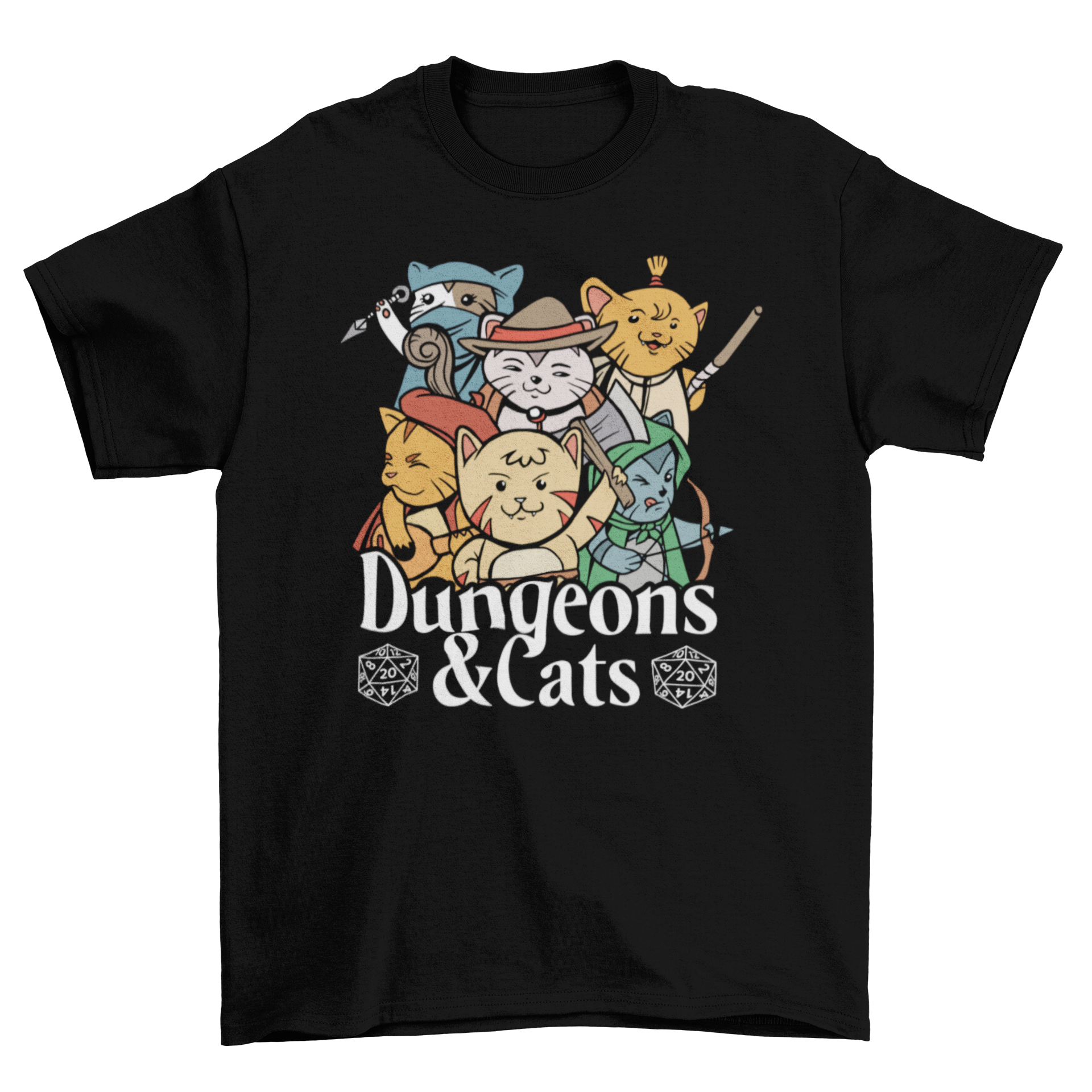 Dungeons and Cats T-shirt featuring various cats in costumes with a humorous quote.