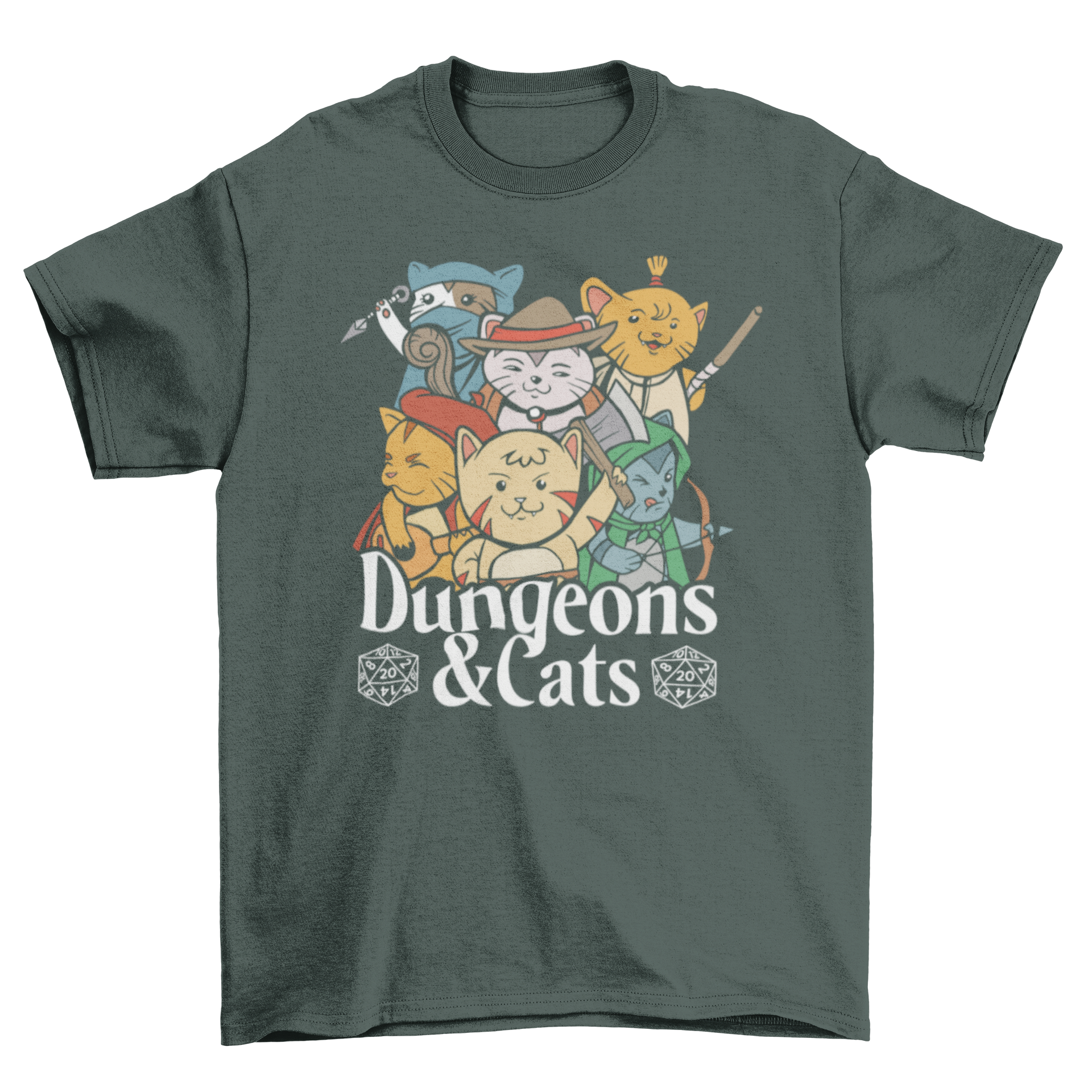 Dungeons and Cats T-shirt featuring various cats in costumes with a humorous quote.