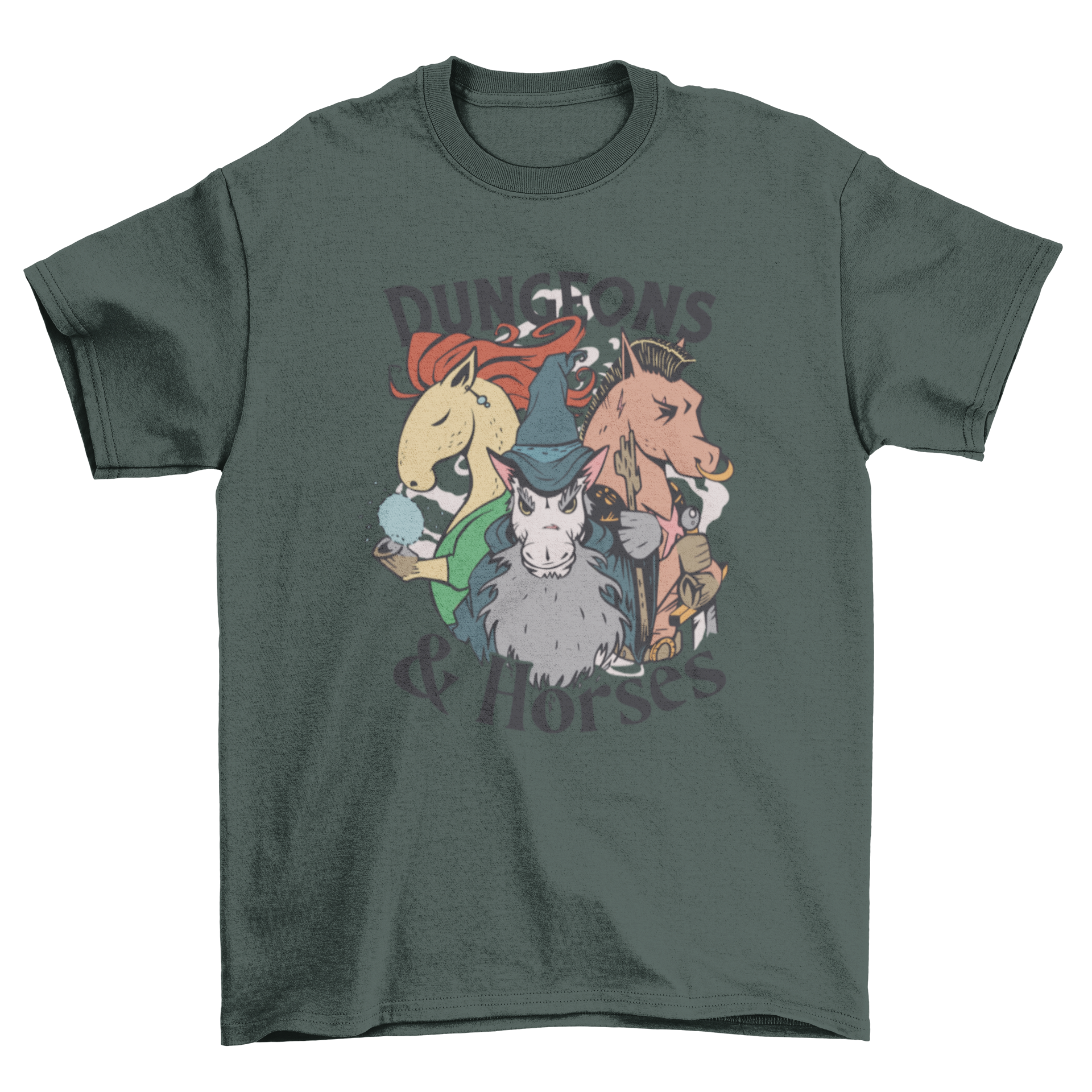 A whimsical t-shirt featuring illustrations of horses and the quote 'Dungeons and Horses', perfect for animal lovers.