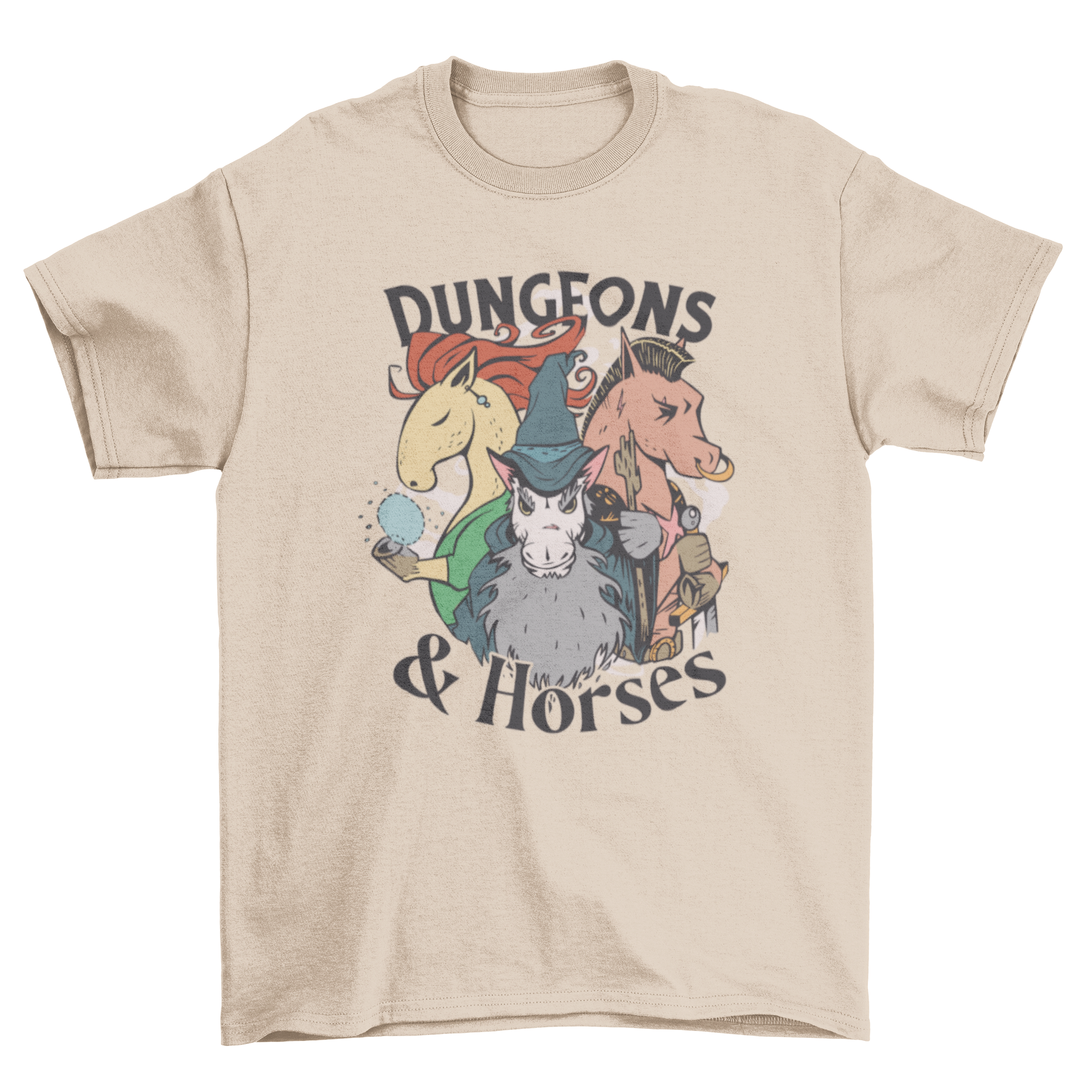 A whimsical t-shirt featuring illustrations of horses and the quote 'Dungeons and Horses', perfect for animal lovers.