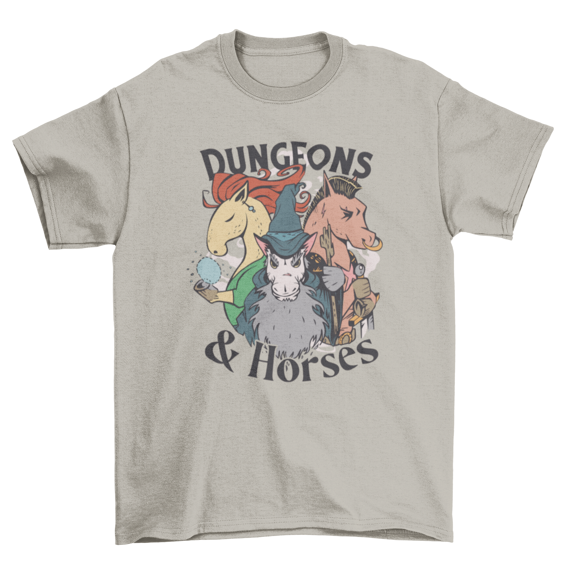 A whimsical t-shirt featuring illustrations of horses and the quote 'Dungeons and Horses', perfect for animal lovers.