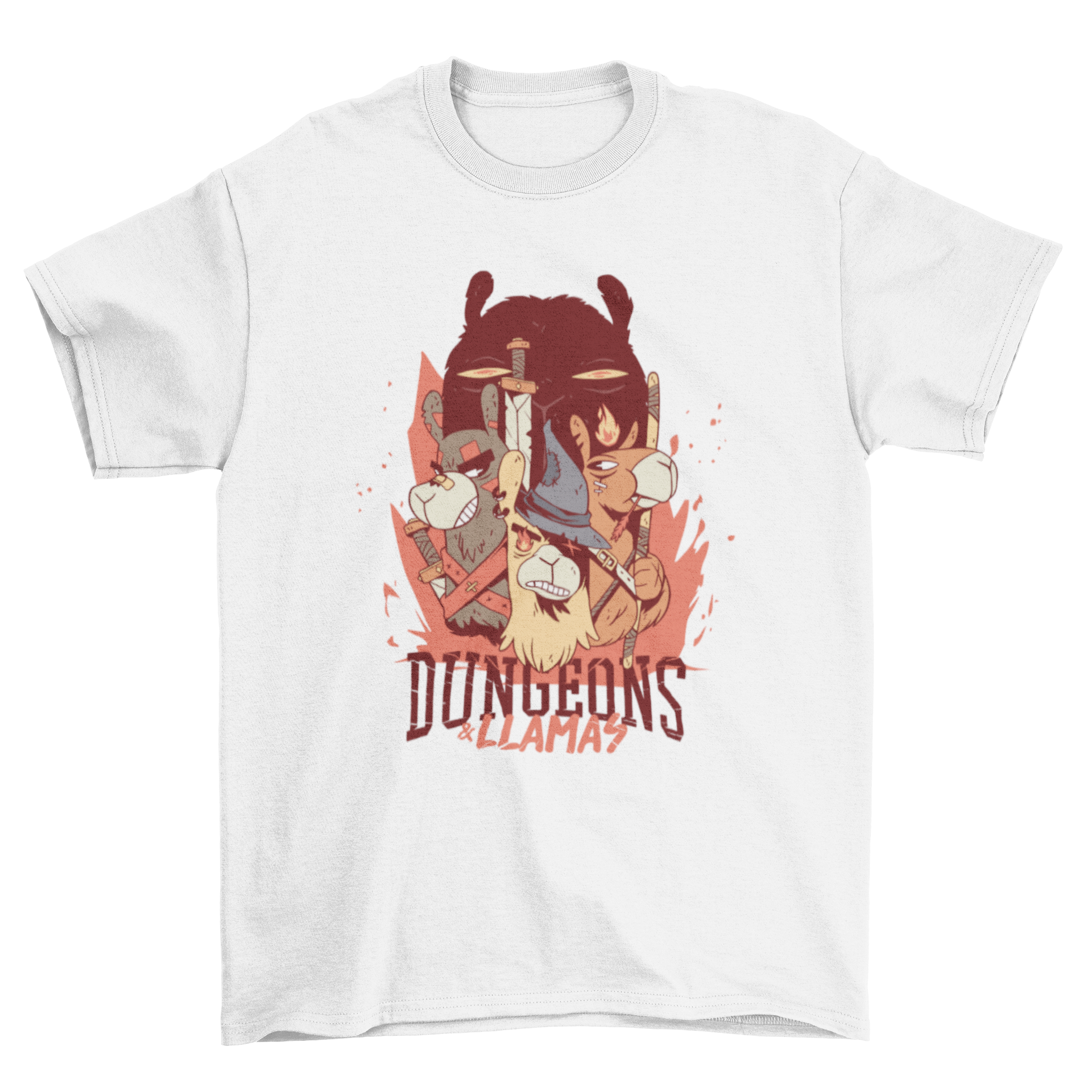 Dungeons and Llamas t-shirt featuring colorful llamas in costumes with humorous text.