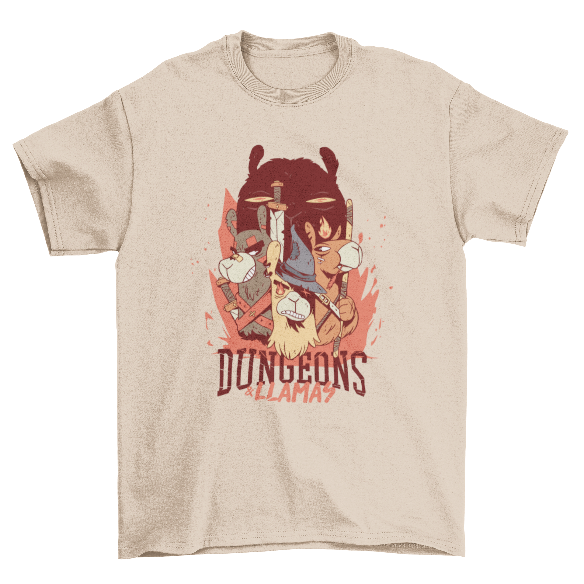 Dungeons and Llamas t-shirt featuring colorful llamas in costumes with humorous text.