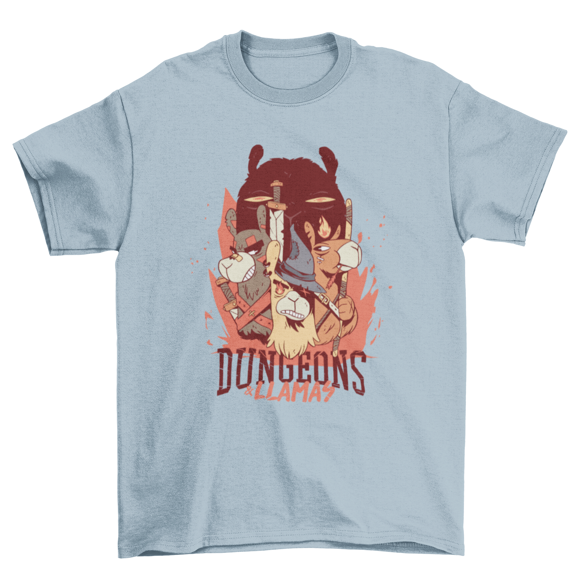 Dungeons and Llamas t-shirt featuring colorful llamas in costumes with humorous text.