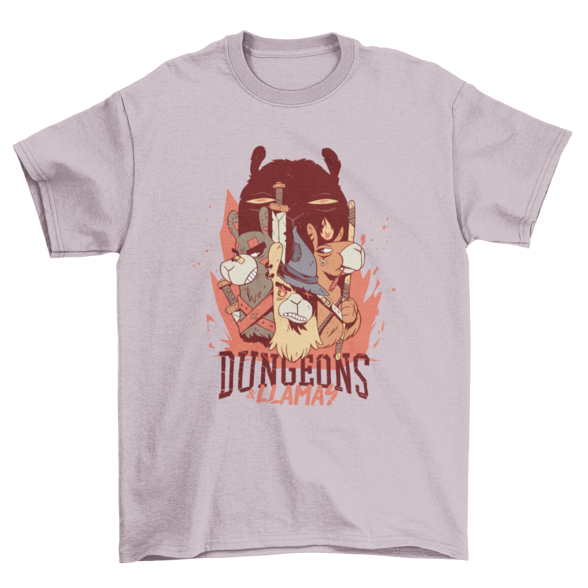 Dungeons and Llamas t-shirt featuring colorful llamas in costumes with humorous text.