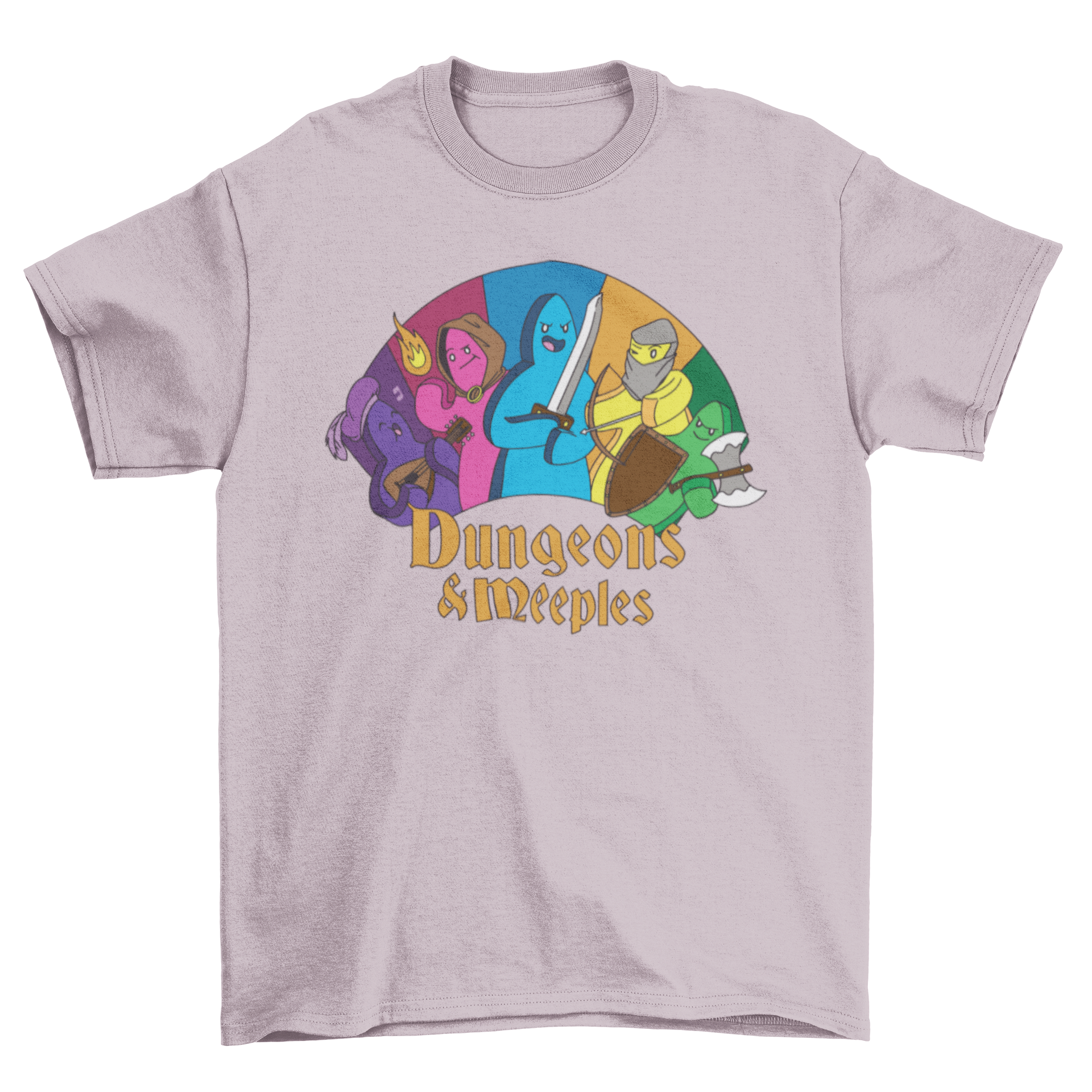 Dungeons and Meeples T-shirt featuring colorful meeples in costumes with a humorous quote.