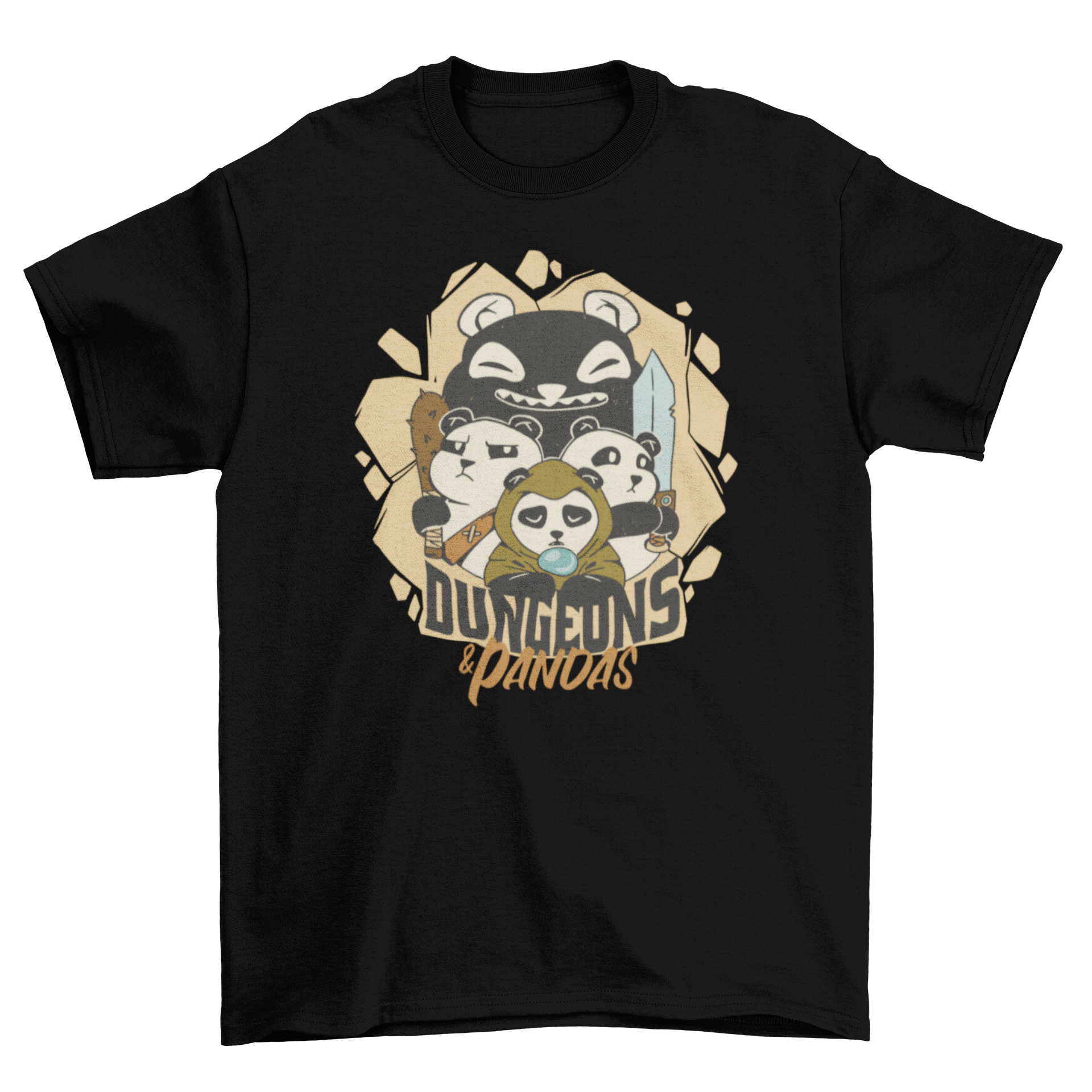 Dungeons and Pandas t-shirt featuring panda characters in costumes with the quote 'Dungeons and Pandas'.