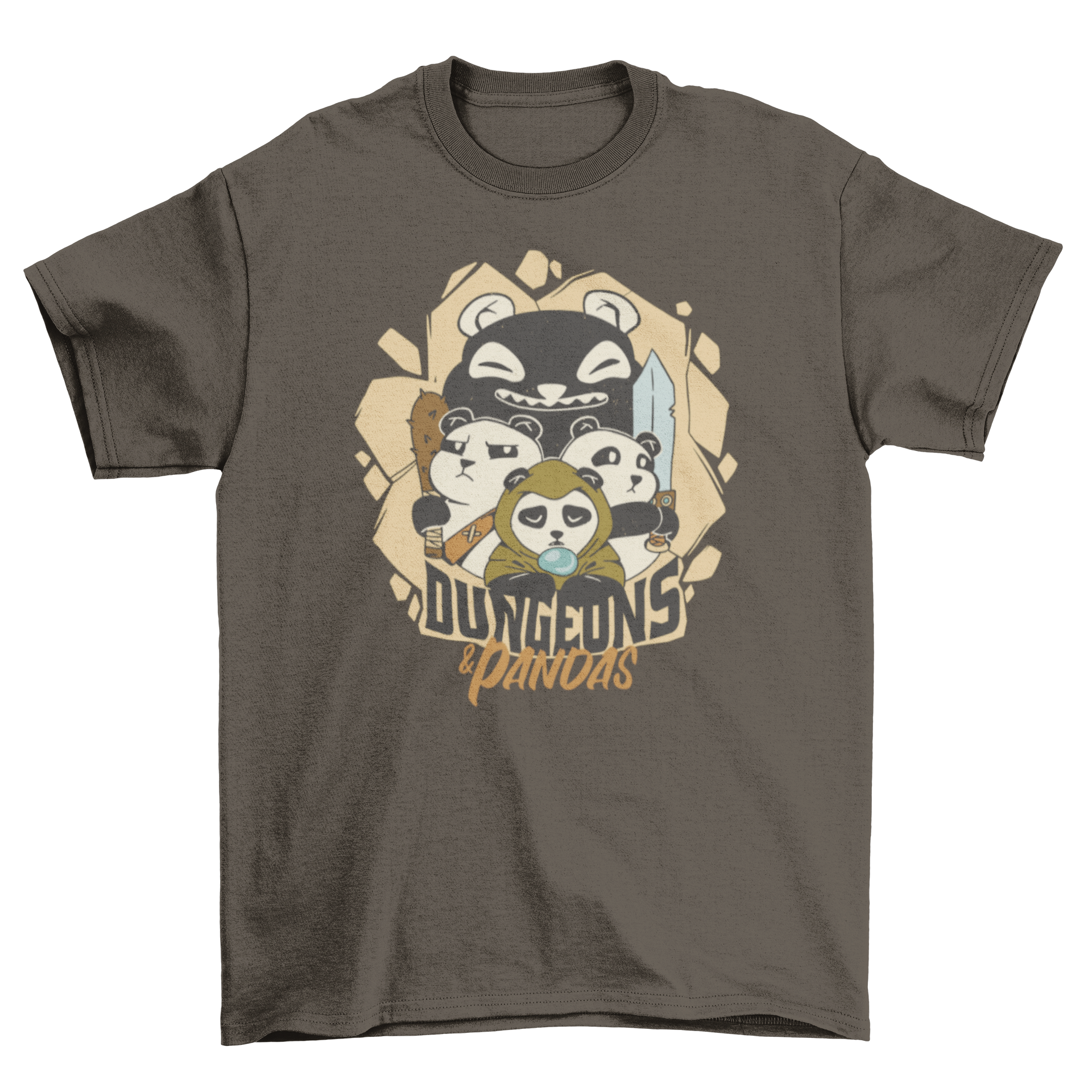 Dungeons and Pandas t-shirt featuring panda characters in costumes with the quote 'Dungeons and Pandas'.